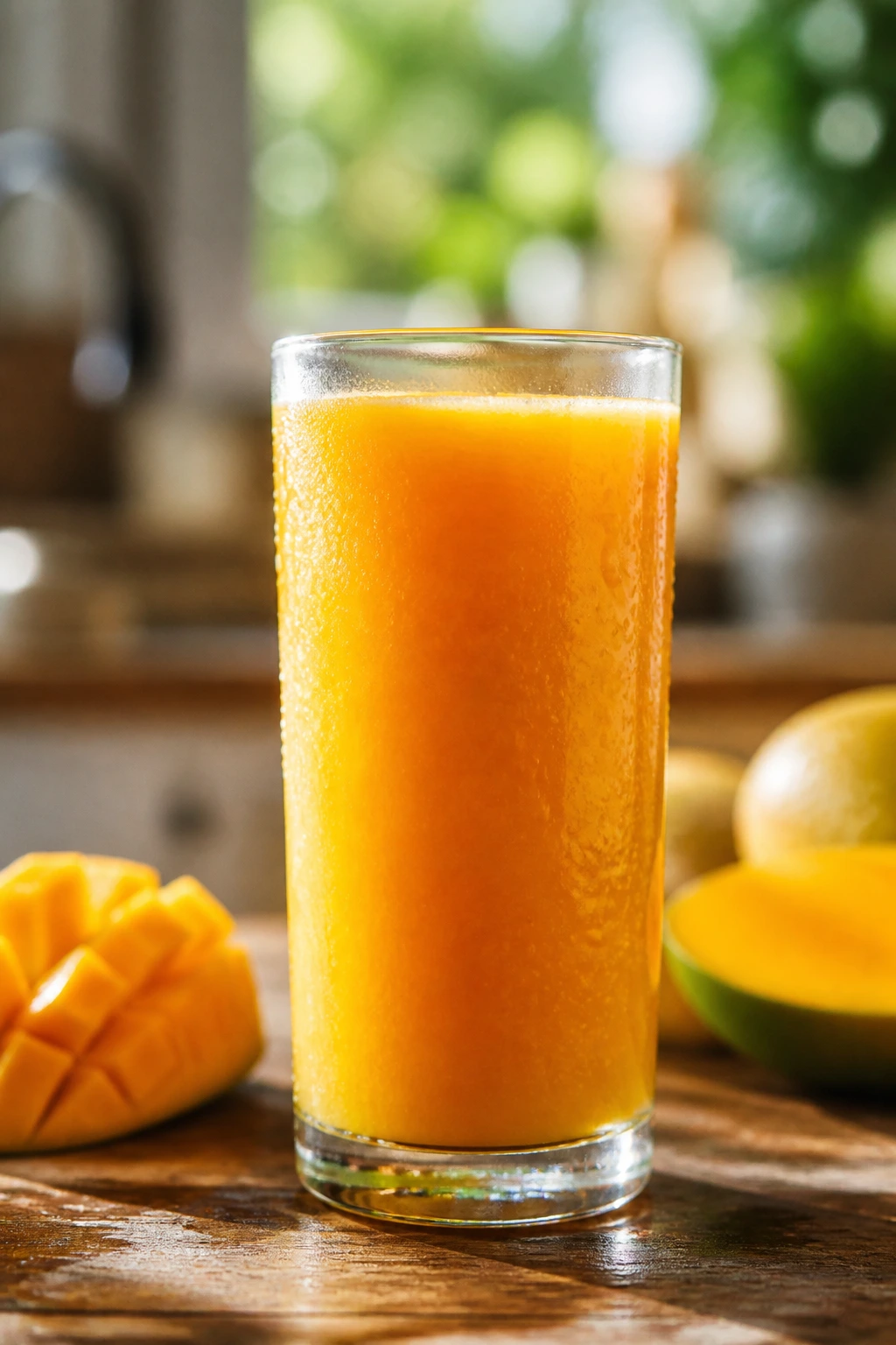 Close-up of a glass of mango nectar on a wooden kitchen counter with natural daylight