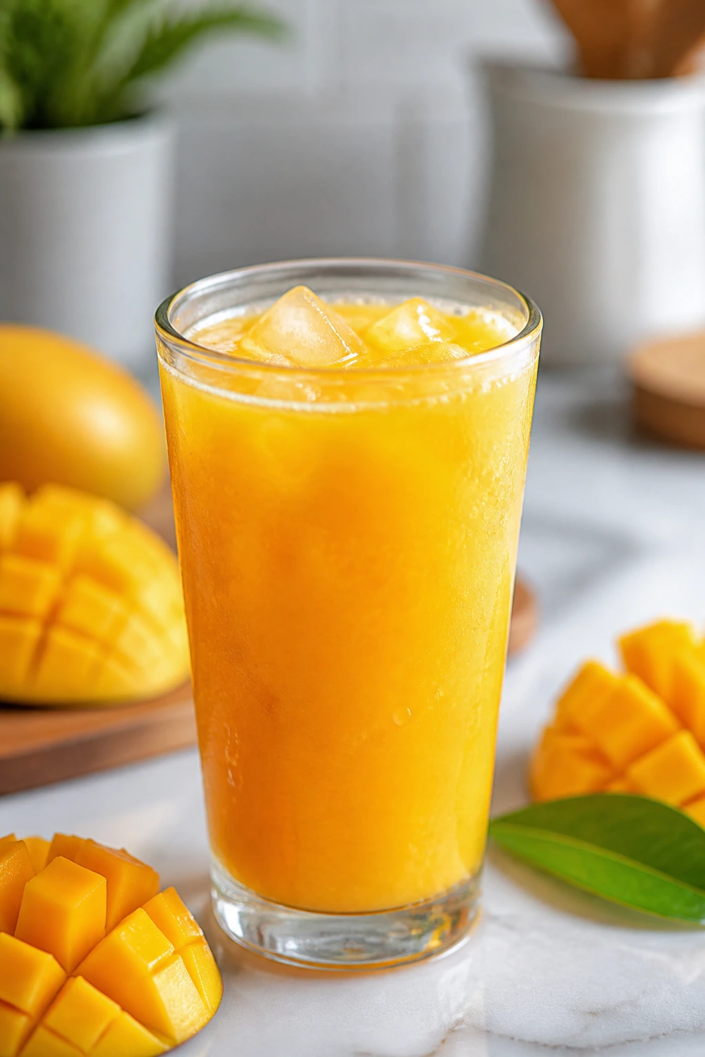 Refreshing glass of mango nectar on kitchen table