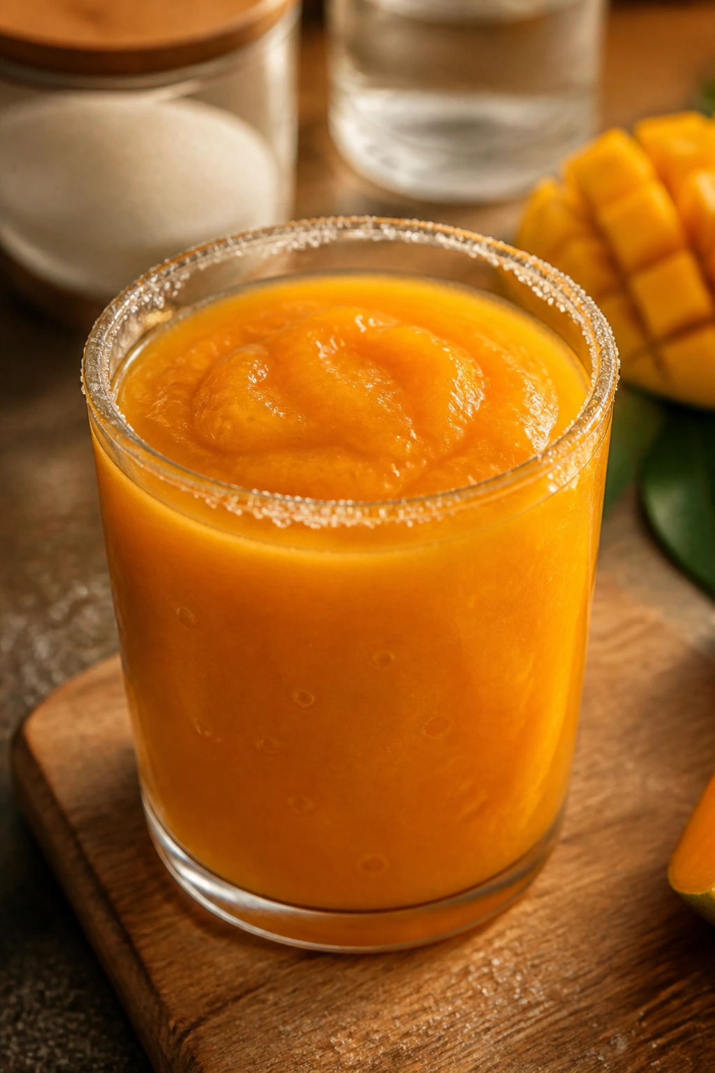 Mango nectar close-up with visible pulp and sugar crystals.