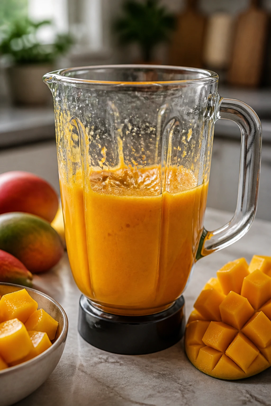 Mango puree being made in blender.