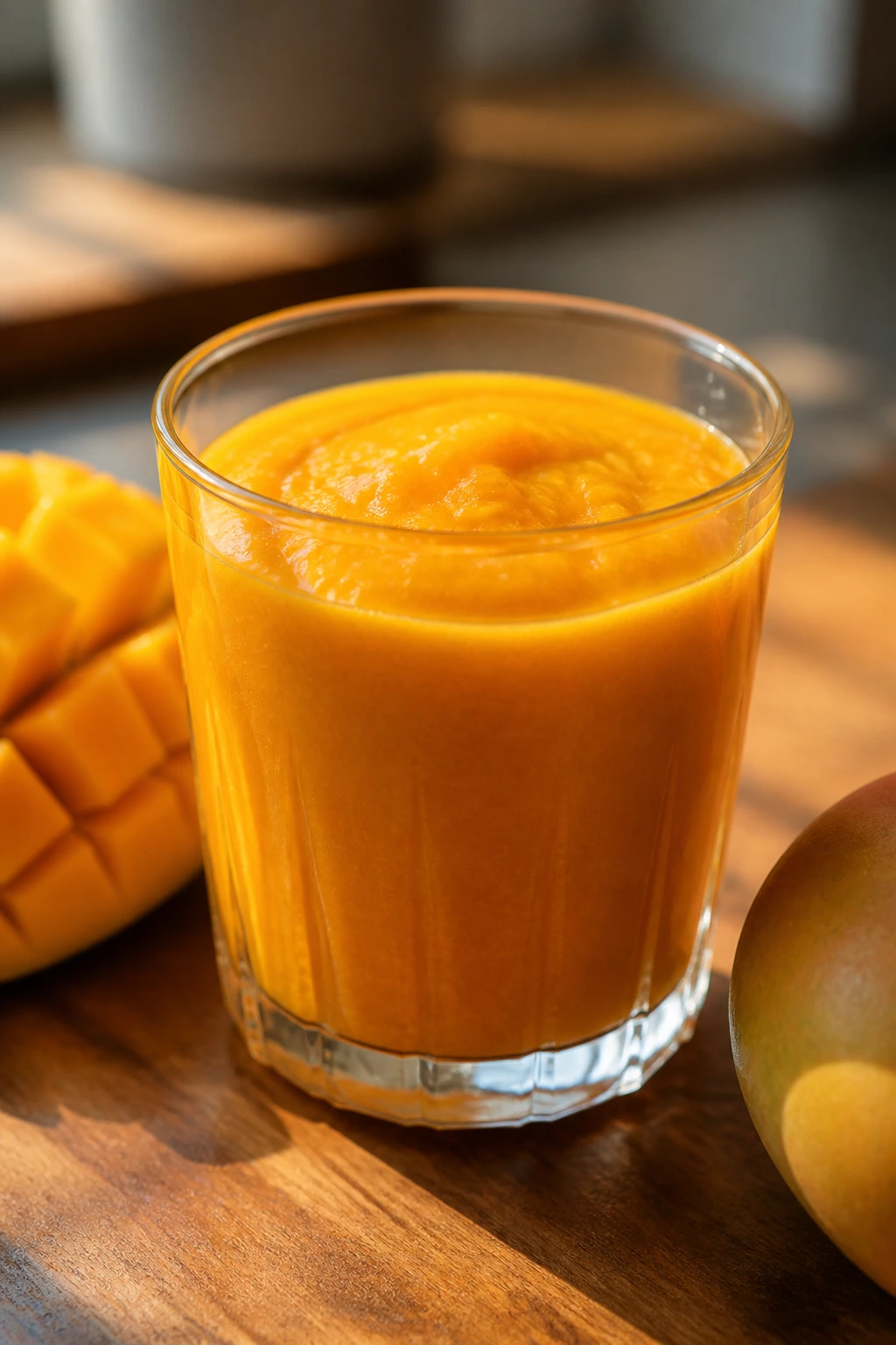 Thick mango nectar close-up with pulpy texture in glass.