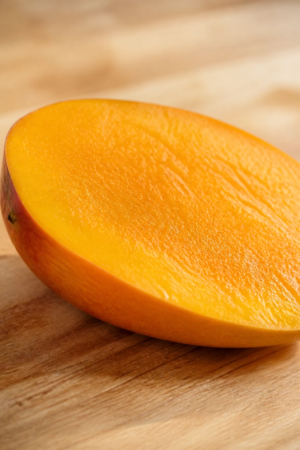 Close-up of a ripe mango half on a wooden counter