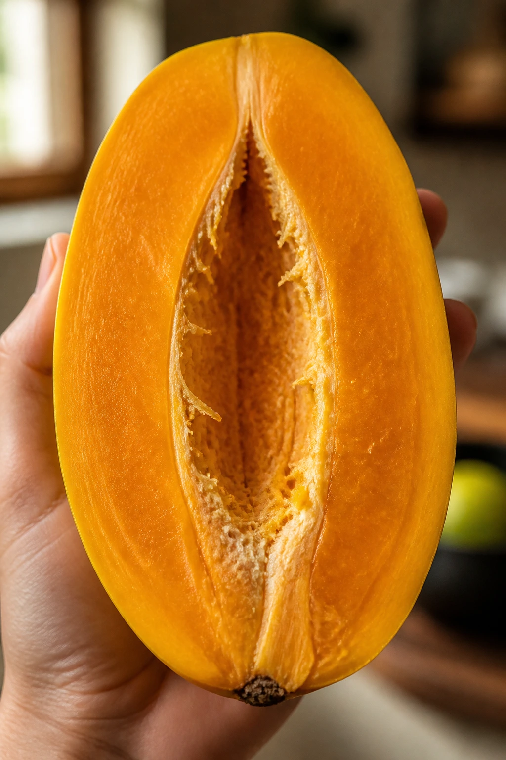 Cross-section of a sliced mango showing bright orange flesh