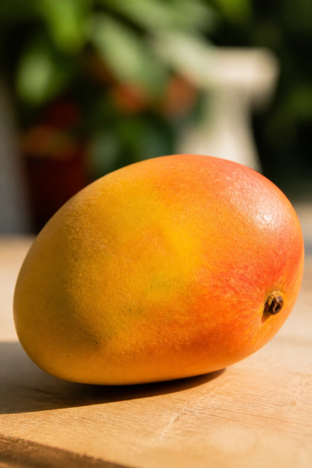 Close-up of a ripe mango on a wooden surface in natural light