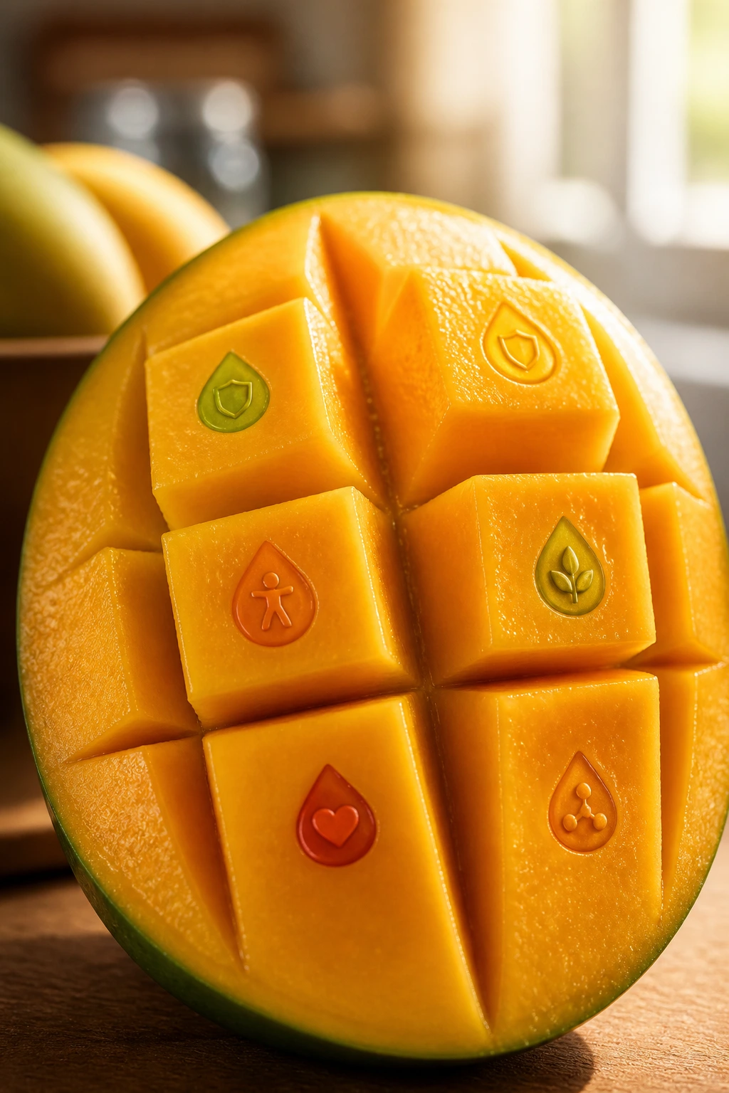 Close-up of a mango half with abstract nutrition icons, representing mango nutrition facts without text