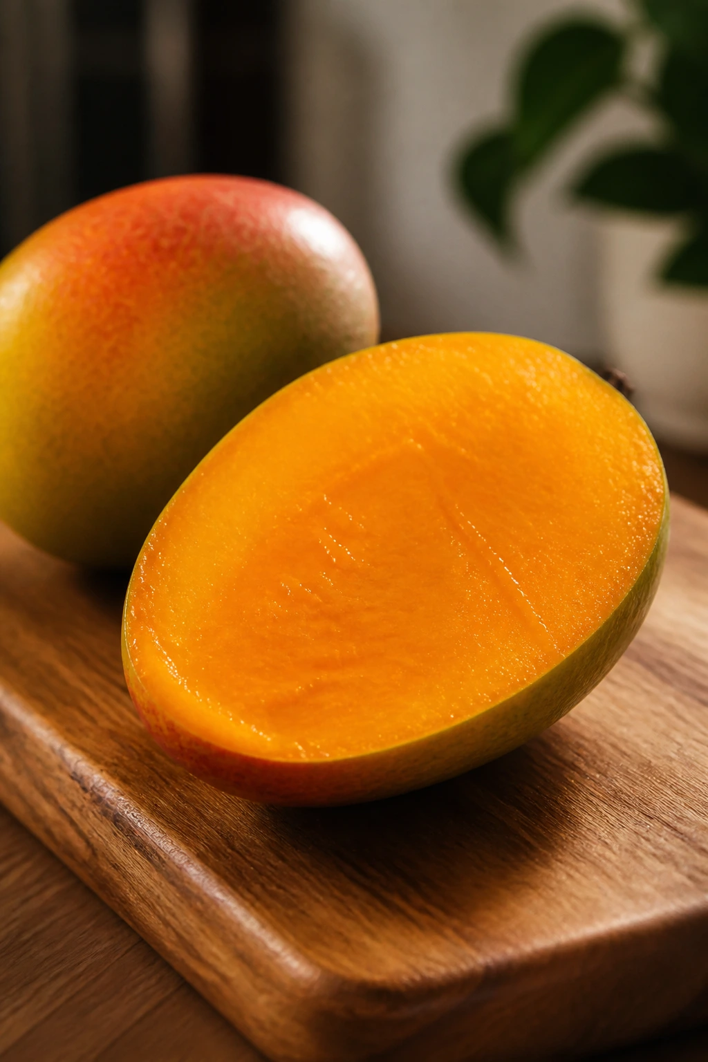 Halved mango revealing bright orange flesh