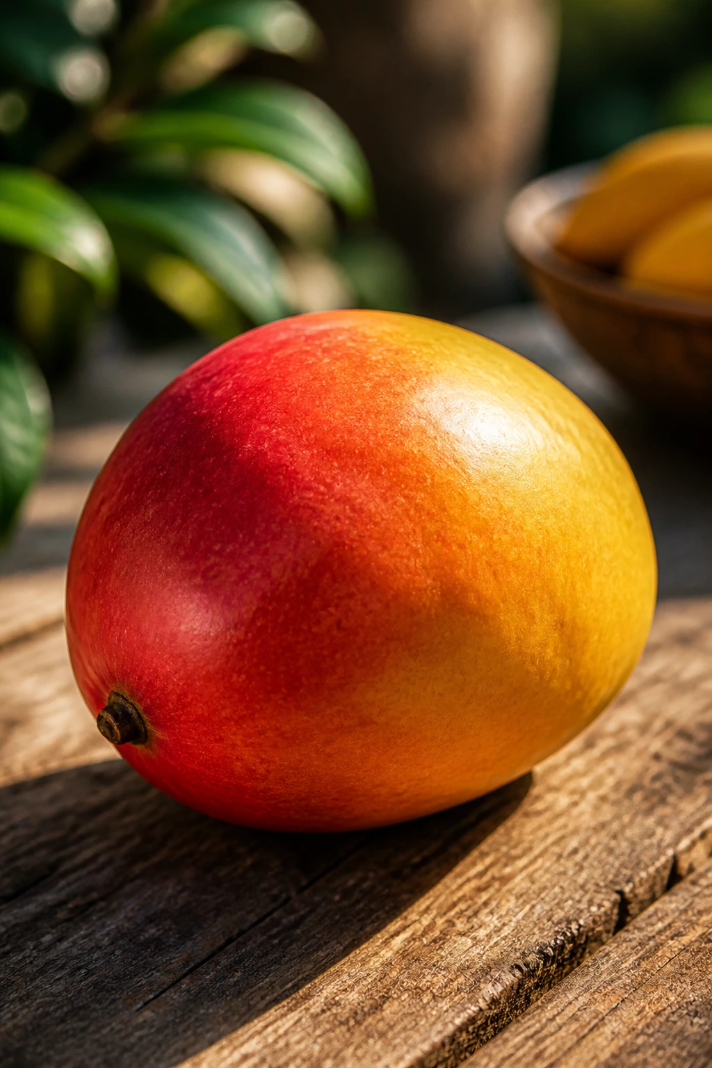 Tropical Showdown: Mango Vs Banana - A Comparison 8 Whole ripe mango on rustic wood under soft morning light