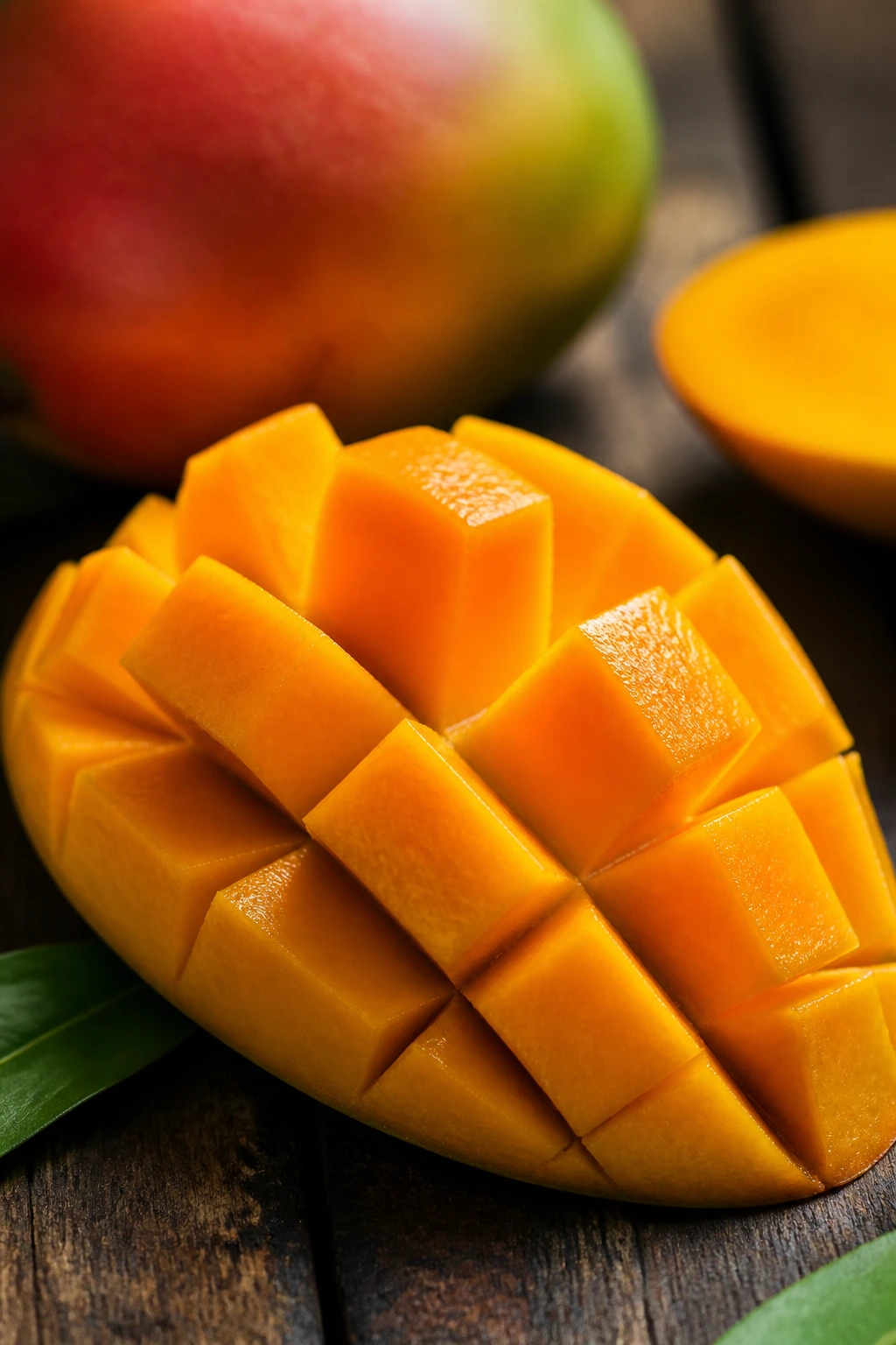 Avocado Vs Mango: The Ultimate Comparison 4 Close-up of sliced mango showing bright orange flesh on a wooden surface