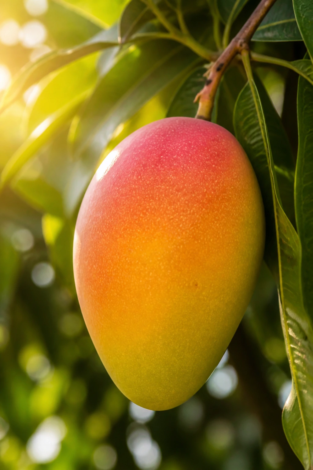Tropical Showdown: Mango Vs Pineapple - A Comparison 6 Mango on branch with leaves in sunlight.