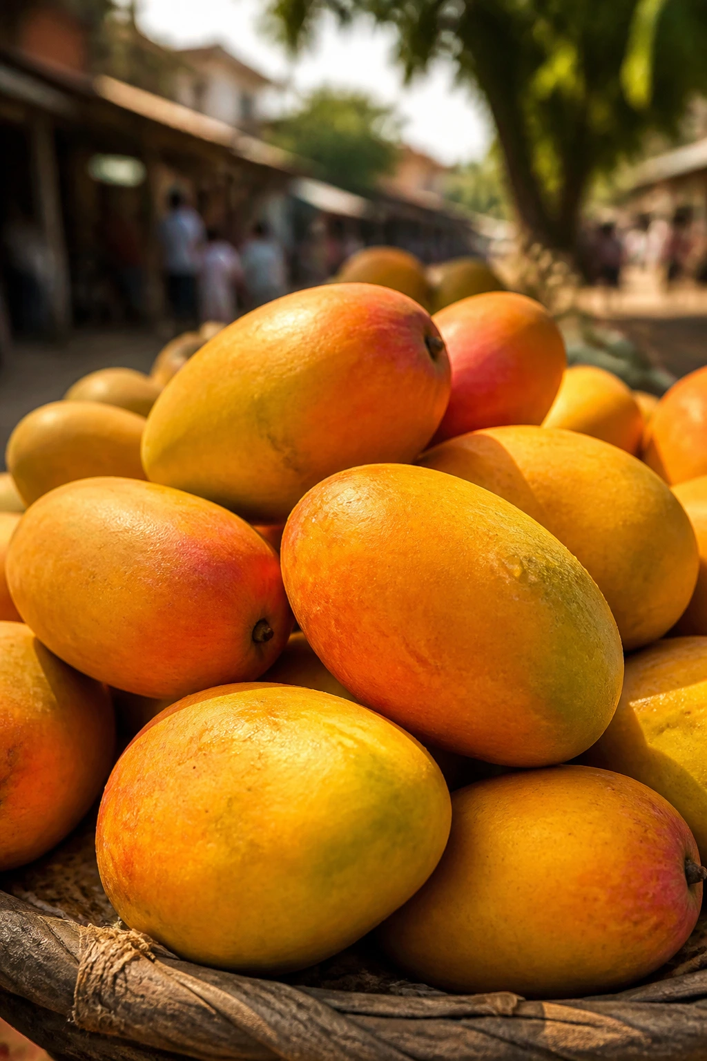 Mango on a rustic surface with market-like background suggesting economy and tradition