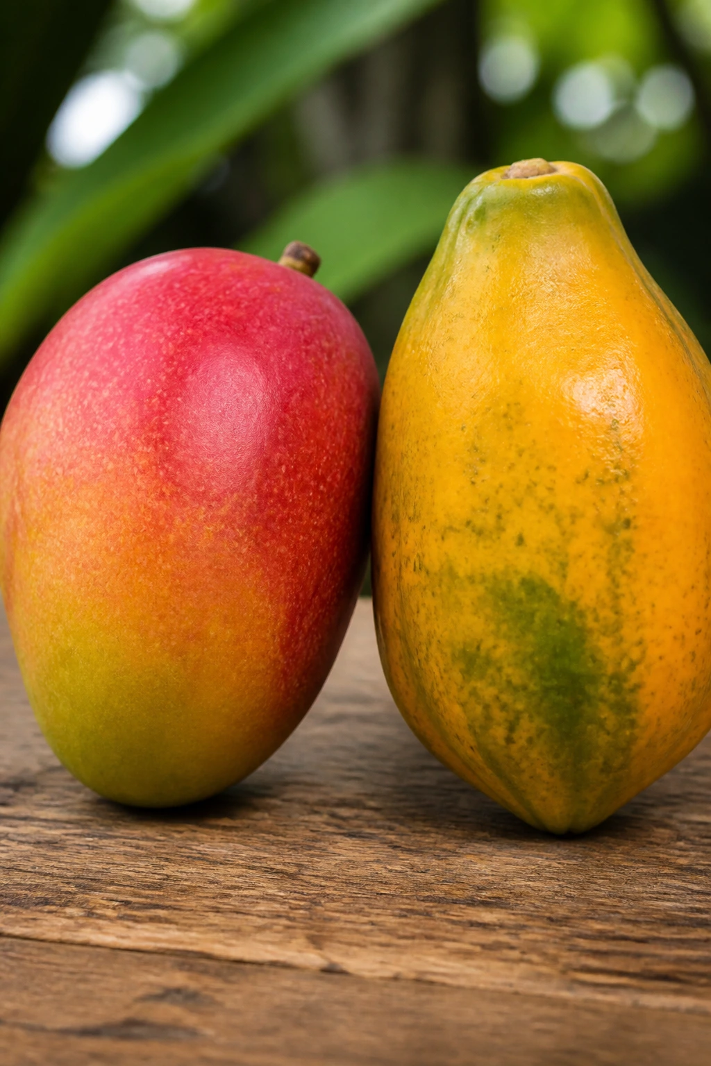 Mango and papaya side-by-side on a wooden surface highlighting differences in appearance and texture.