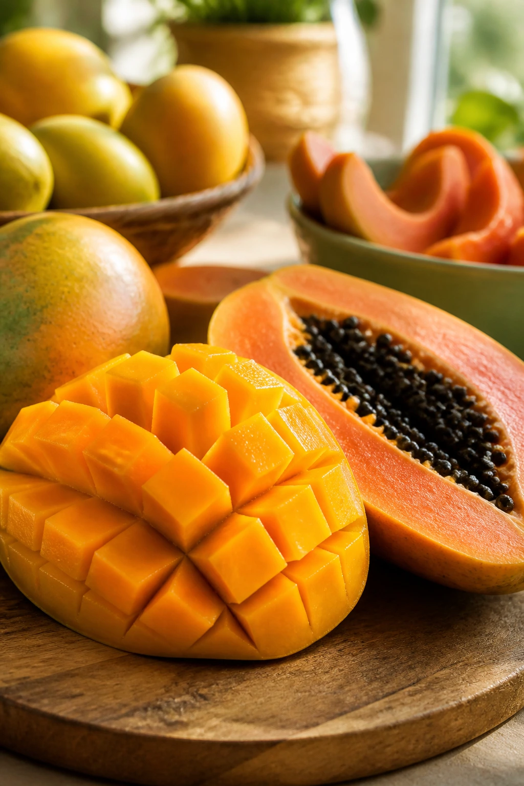 Close-up of mango slices and papaya halves on a wooden cutting board