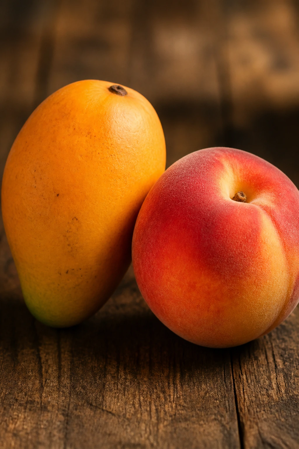 Alphonso mango and Elberta peach side by side