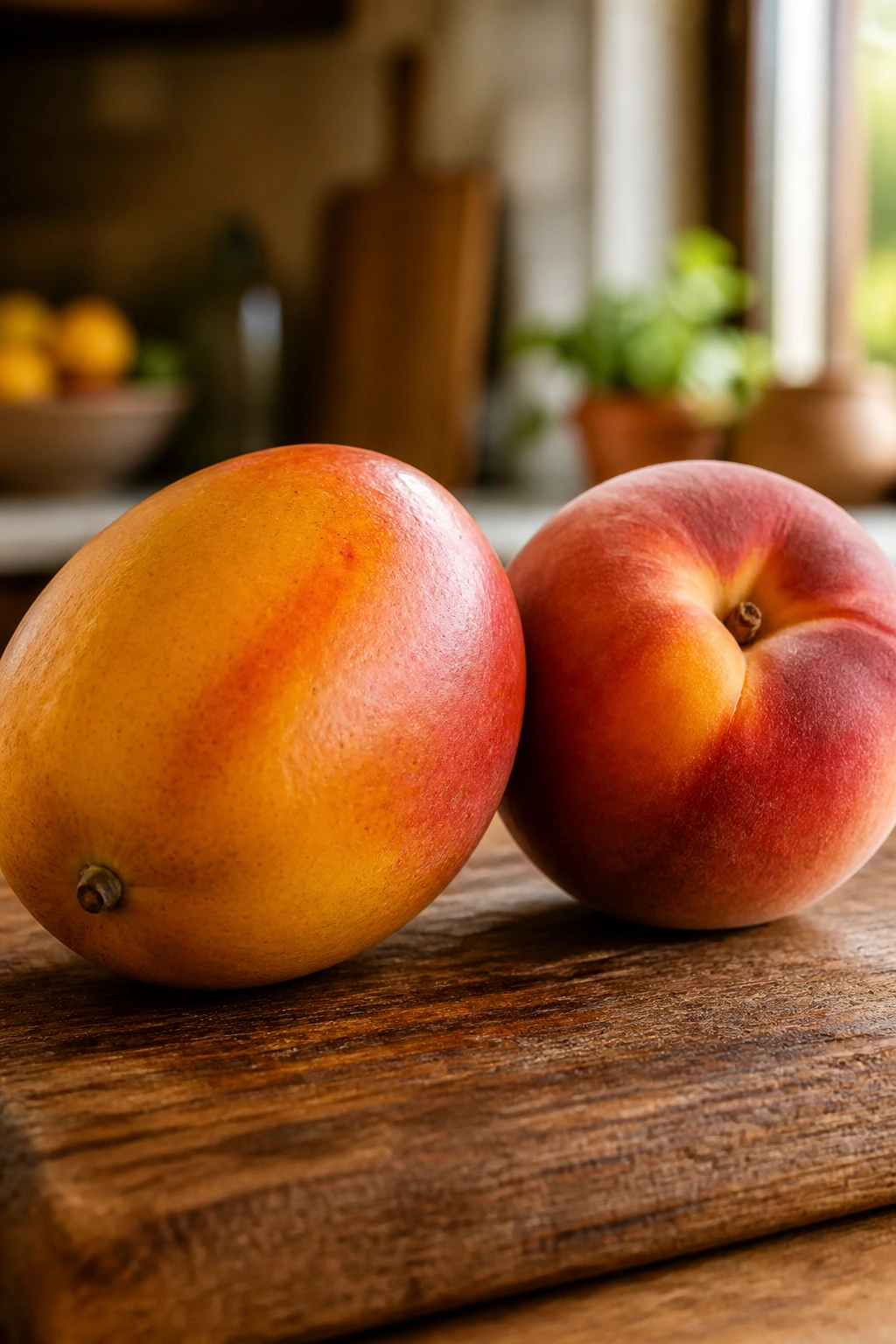 Close-up of ripe mango and peach on a wooden cutting board in a sunny kitchen
