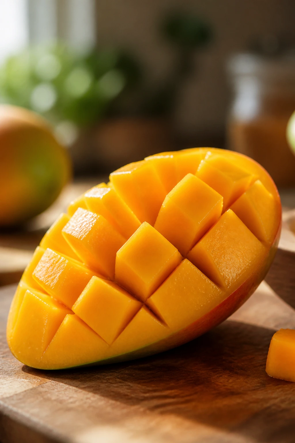 Is Mango Safe For Cats And Dogs? All You Need To Know 2 Ripe mango half on cutting board in sunlit kitchen.