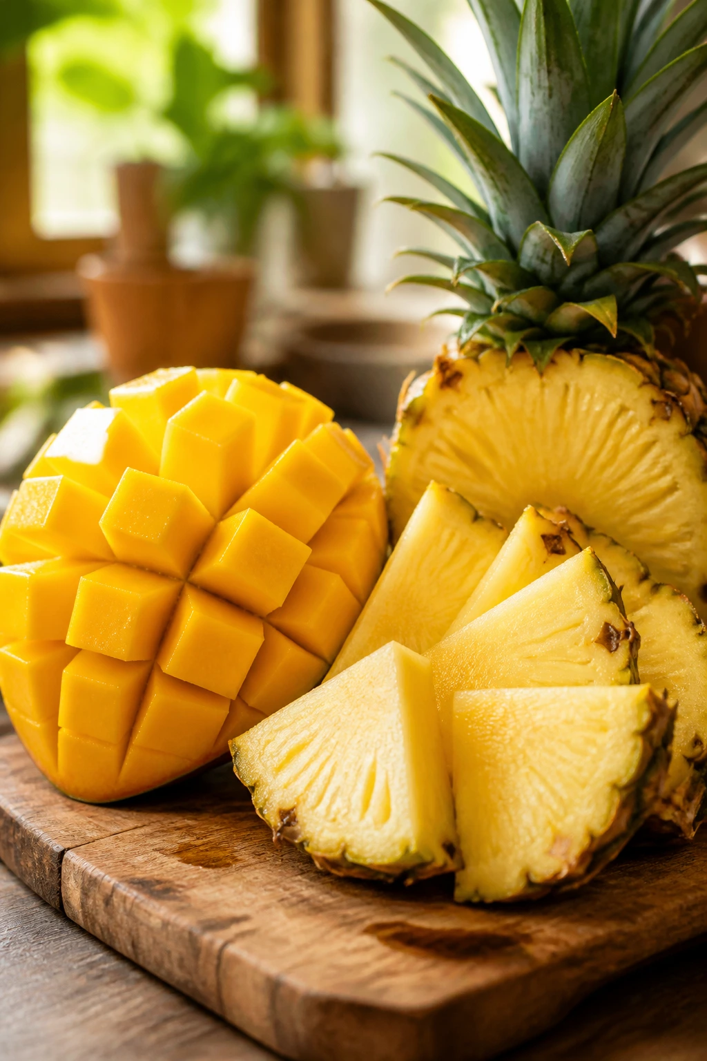 Tropical Showdown: Mango Vs Pineapple - A Comparison 13 Close up of mango and pineapple on a cutting board in a sunlit kitchen