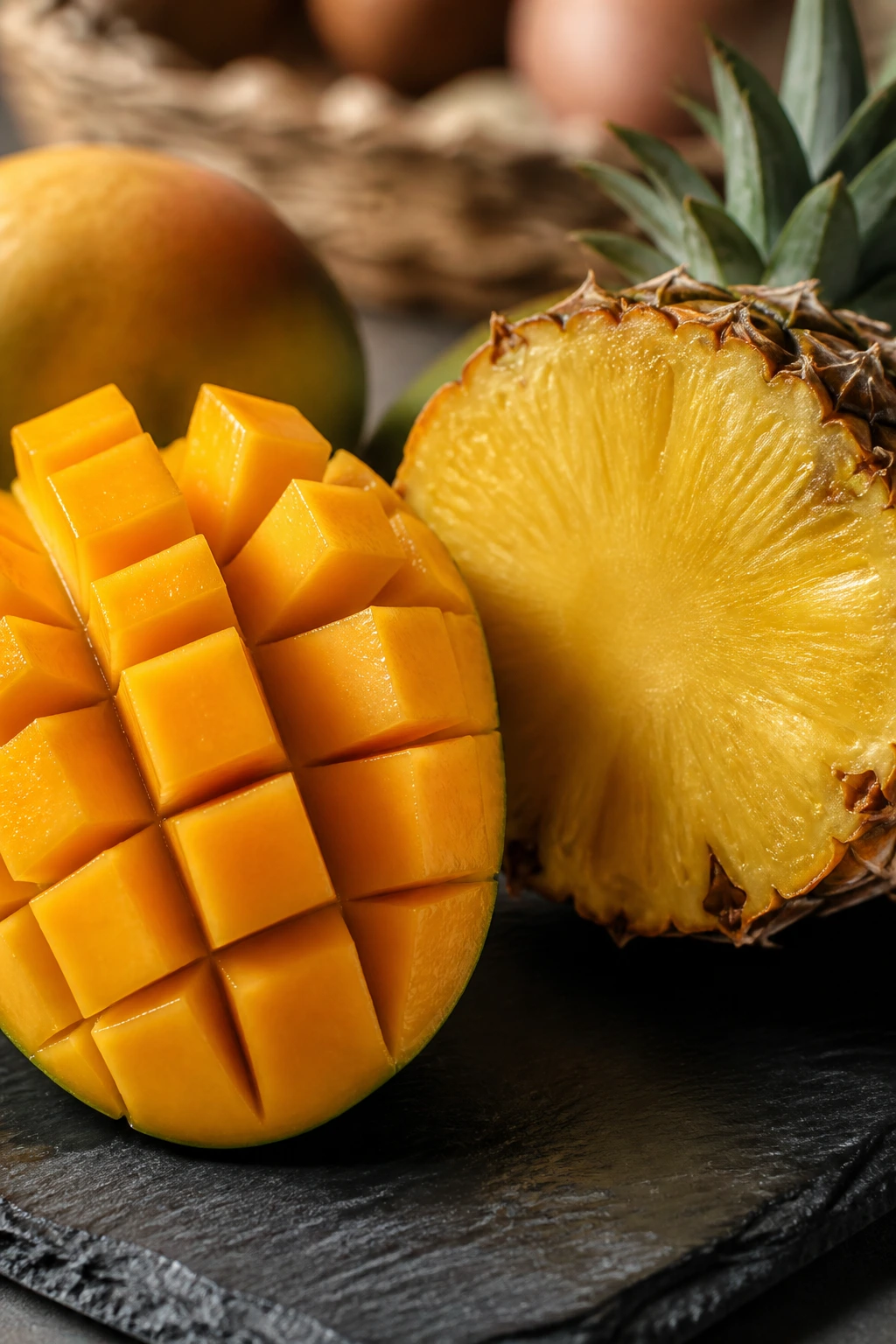 Tropical Showdown: Mango Vs Pineapple - A Comparison 10 Mango flesh and pineapple flesh on slate board