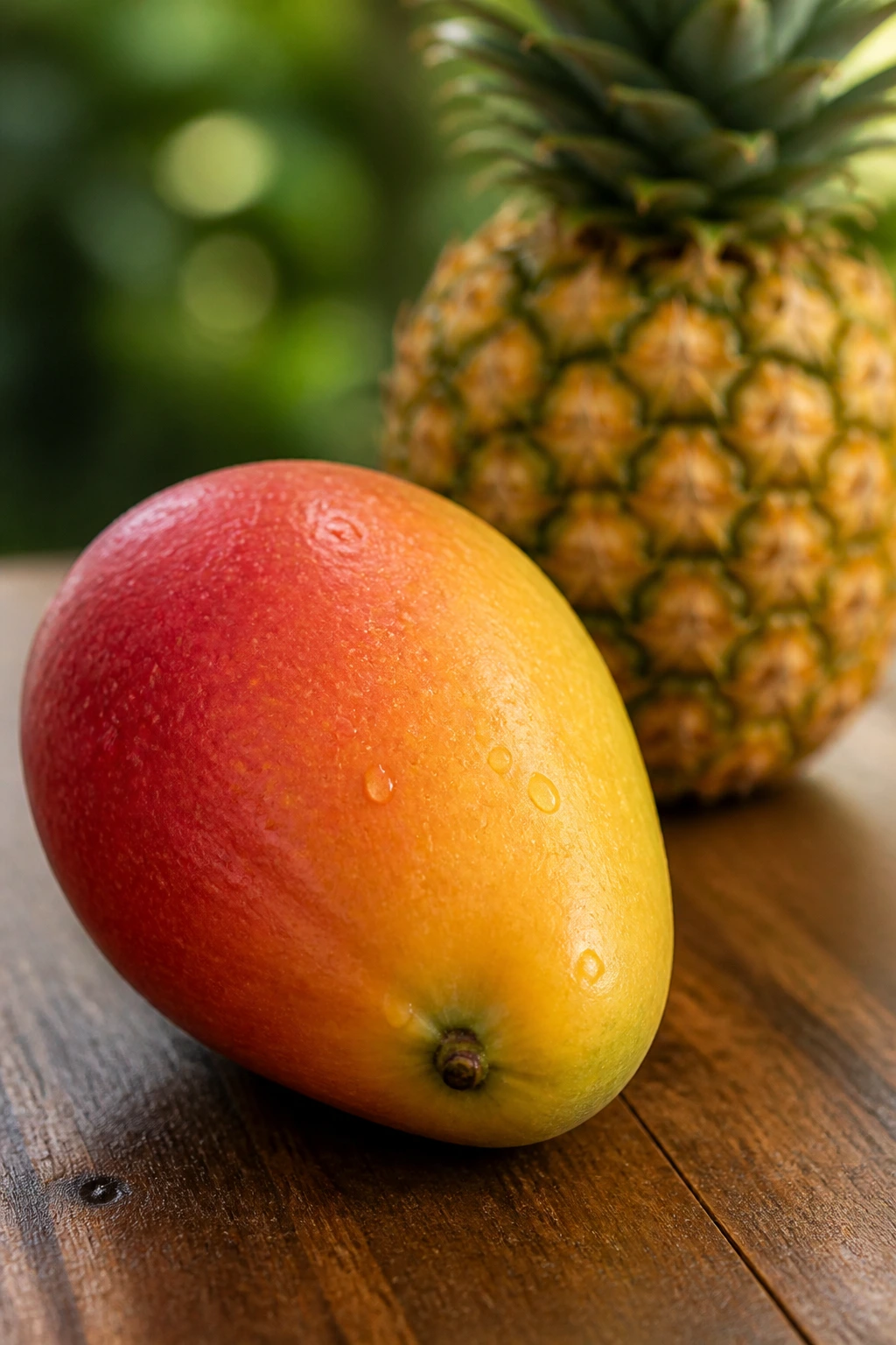Tropical Showdown: Mango Vs Pineapple - A Comparison 11 Ripe mango with pineapple in the background on wooden surface