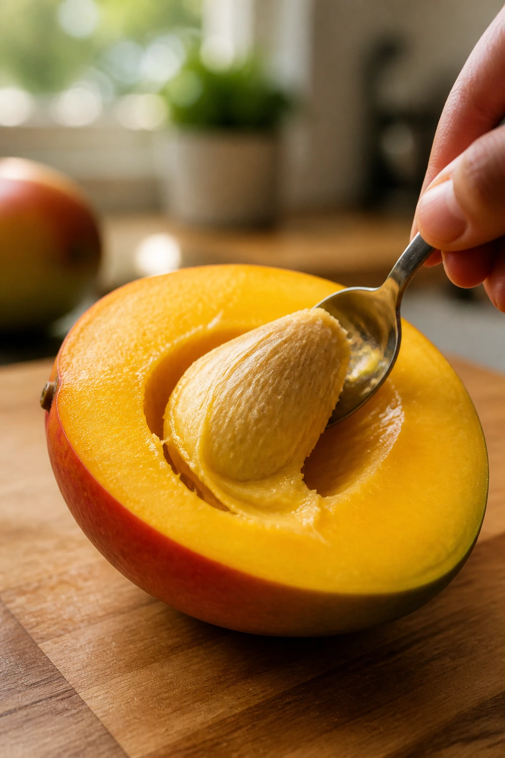 How To Remove The Seed From A Mango: Step-By-Step Guide 1 Close-up of a ripe mango half with the pit being removed on a cutting board in a sunny kitchen