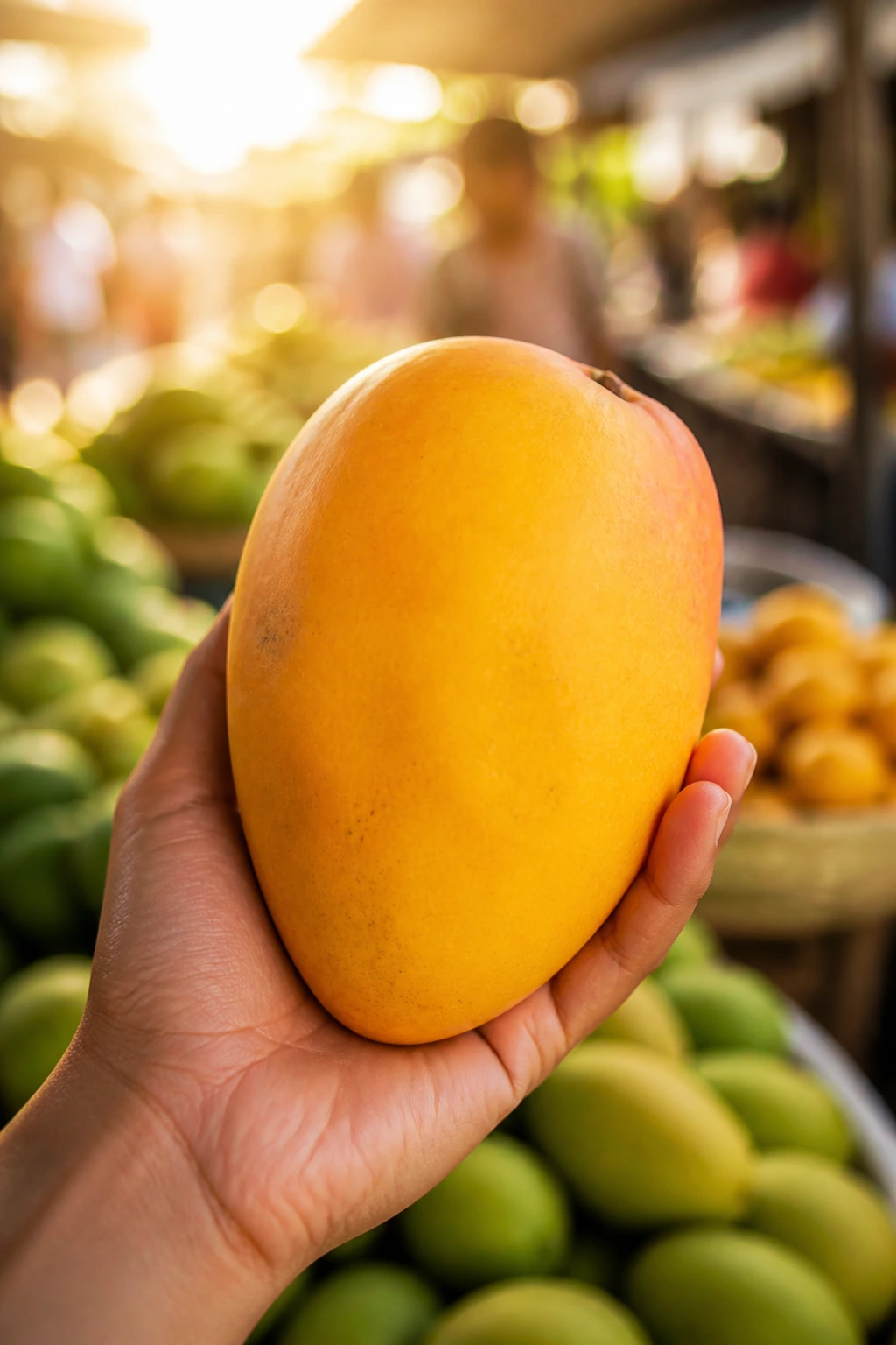 Mango held in a hand against a sunny market background.