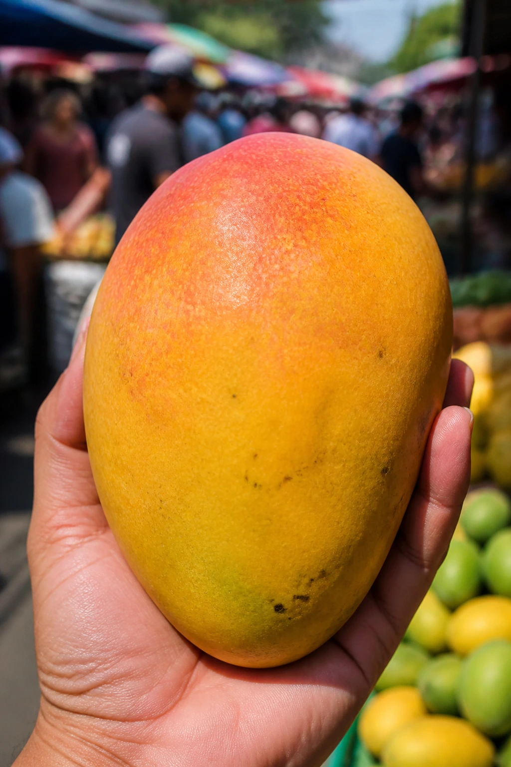 Mango held in hand at outdoor market