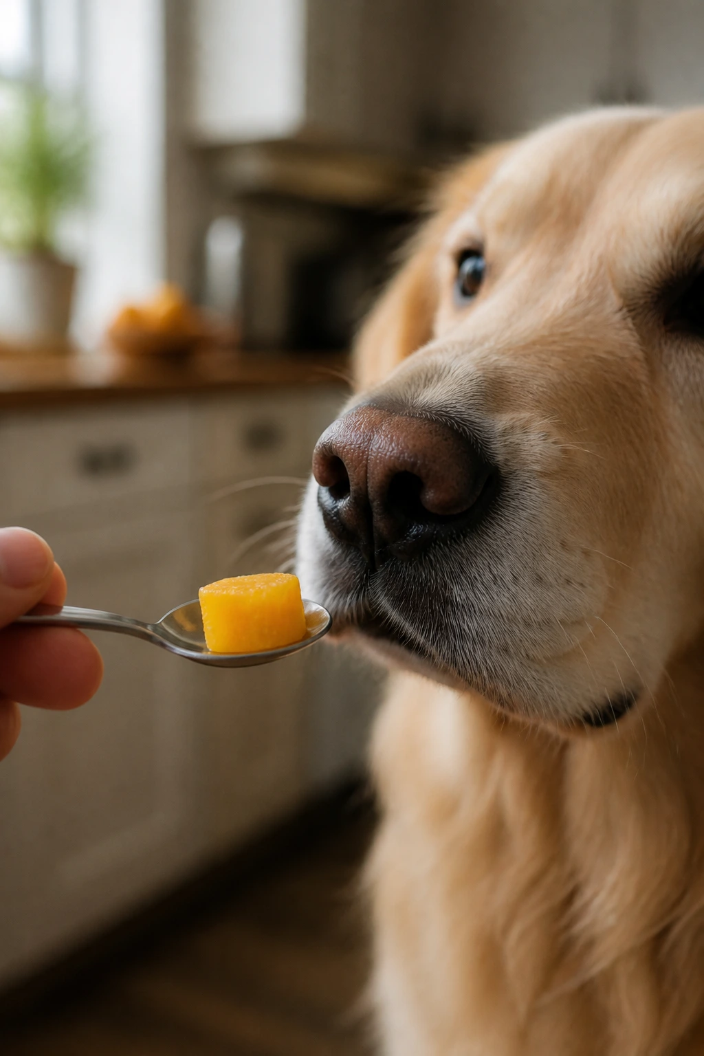 Is Mango Safe For Cats And Dogs? All You Need To Know 6 Tiny mango chunk on a spoon near a dog's nose.