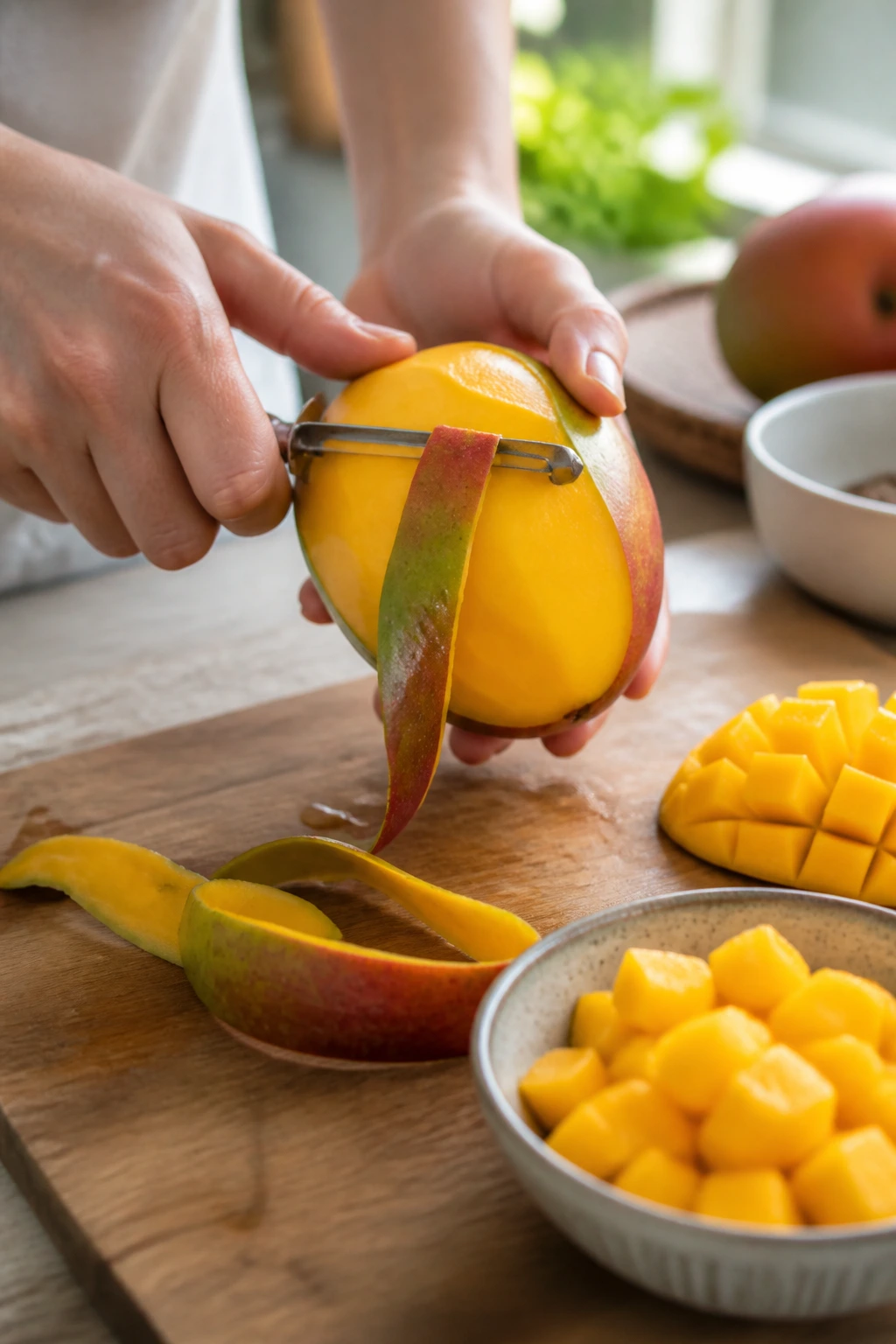 Hands peeling a ripe mango on a kitchen counter
