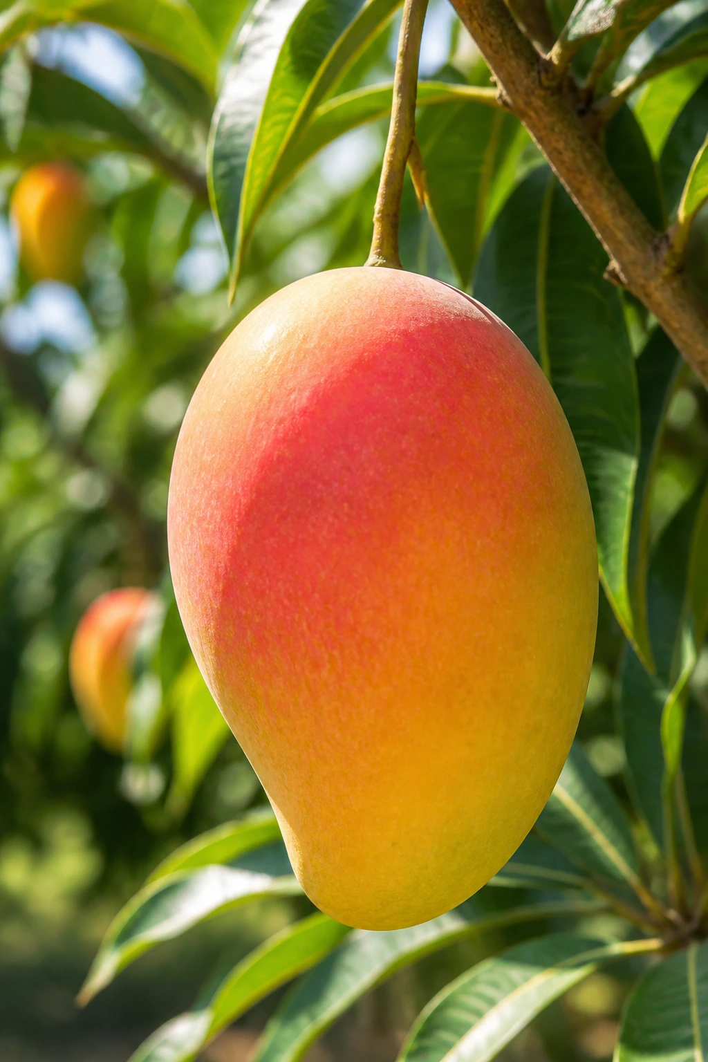 Healthy ripe mango on tree branch with green leaves in bright sun.