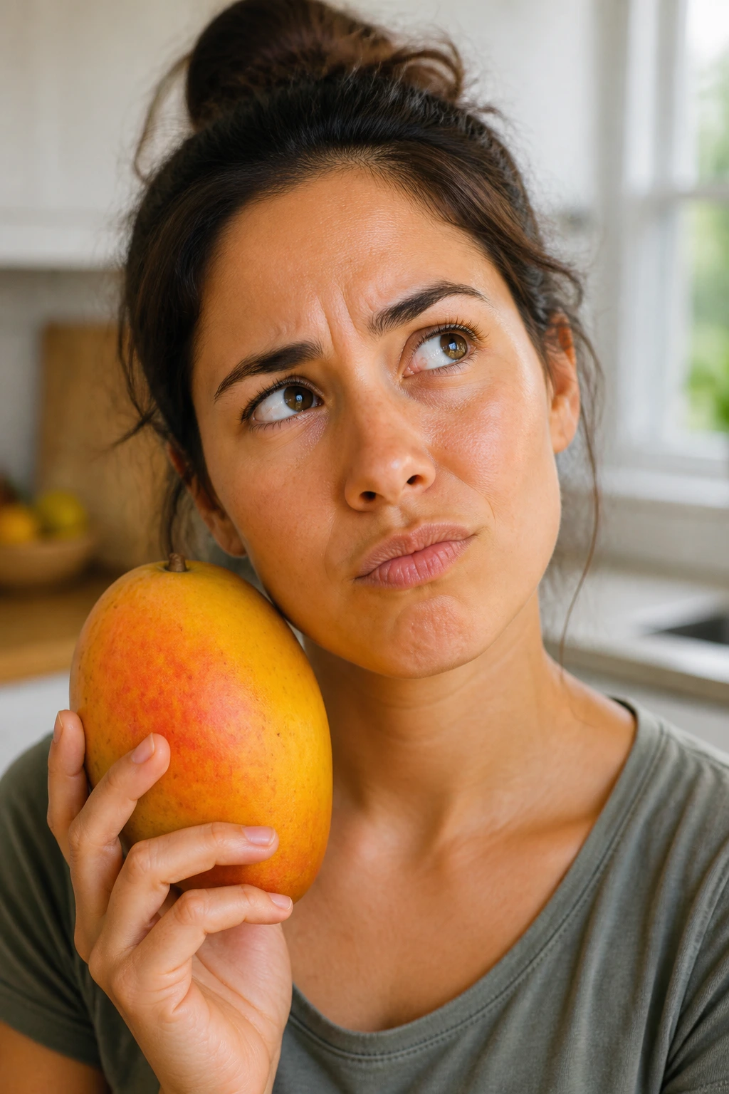 Close-up portrait of a curious person with a mango in hand
