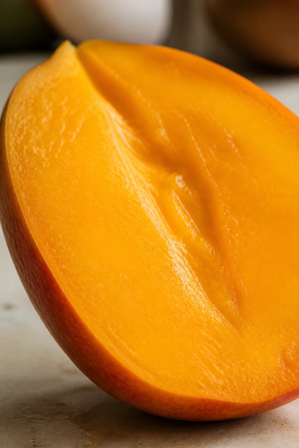 Can Rabbits Eat Mangoes Or Mango Skin? 2 Mango half with vibrant flesh on a kitchen counter, illustrating safe mango for rabbits.