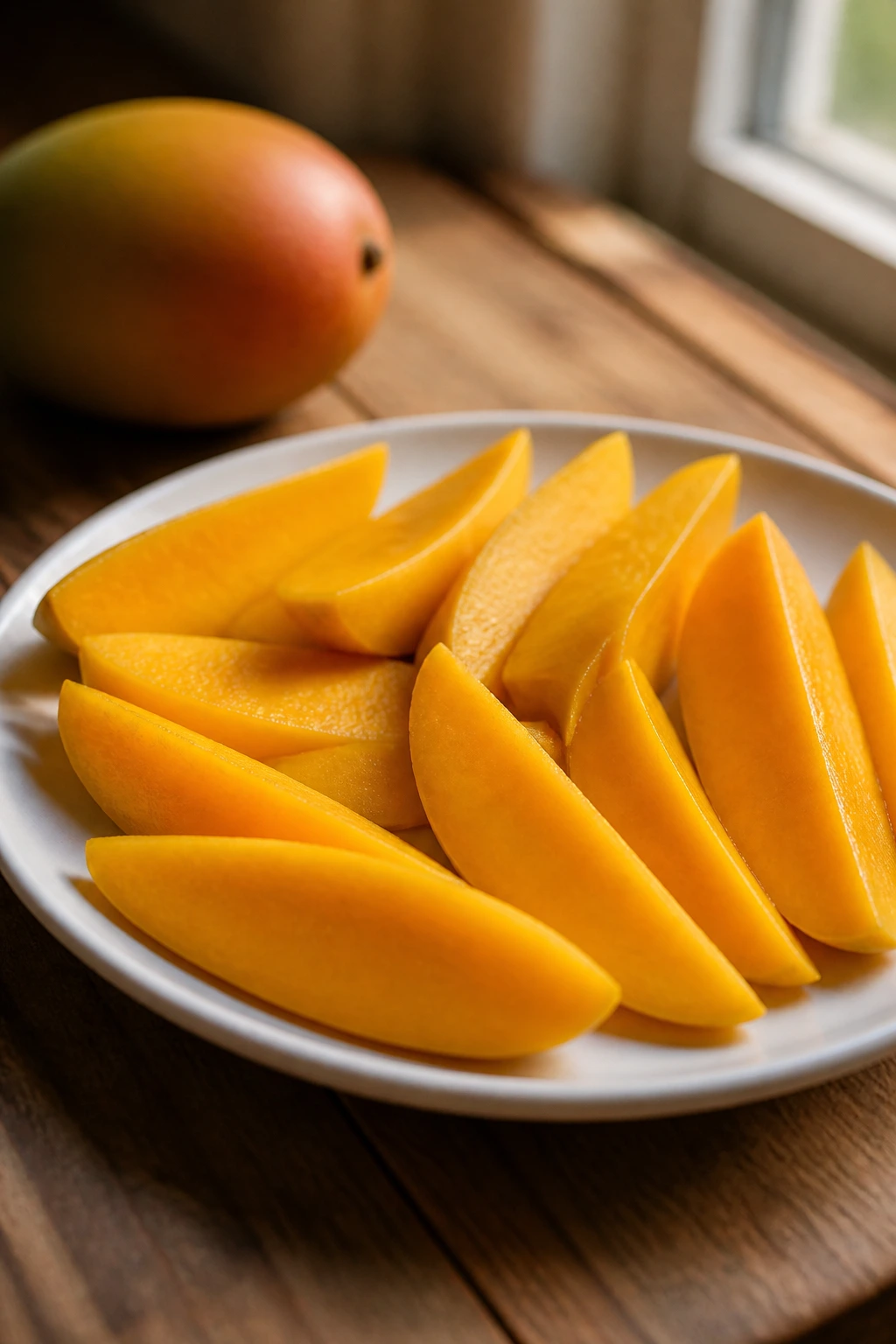 Tropical Showdown: Mango Vs Banana - A Comparison 2 Neatly sliced mango wedges on a white plate with natural light