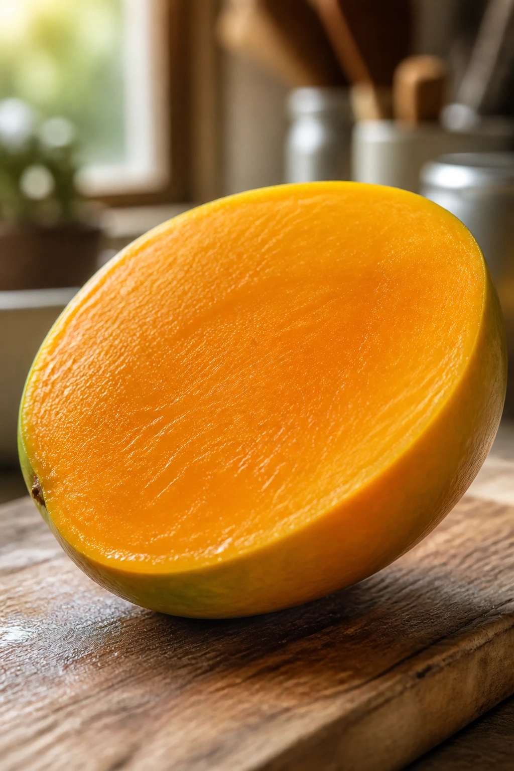 Close-up of a ripe mango half with orange flesh on a wooden cutting board