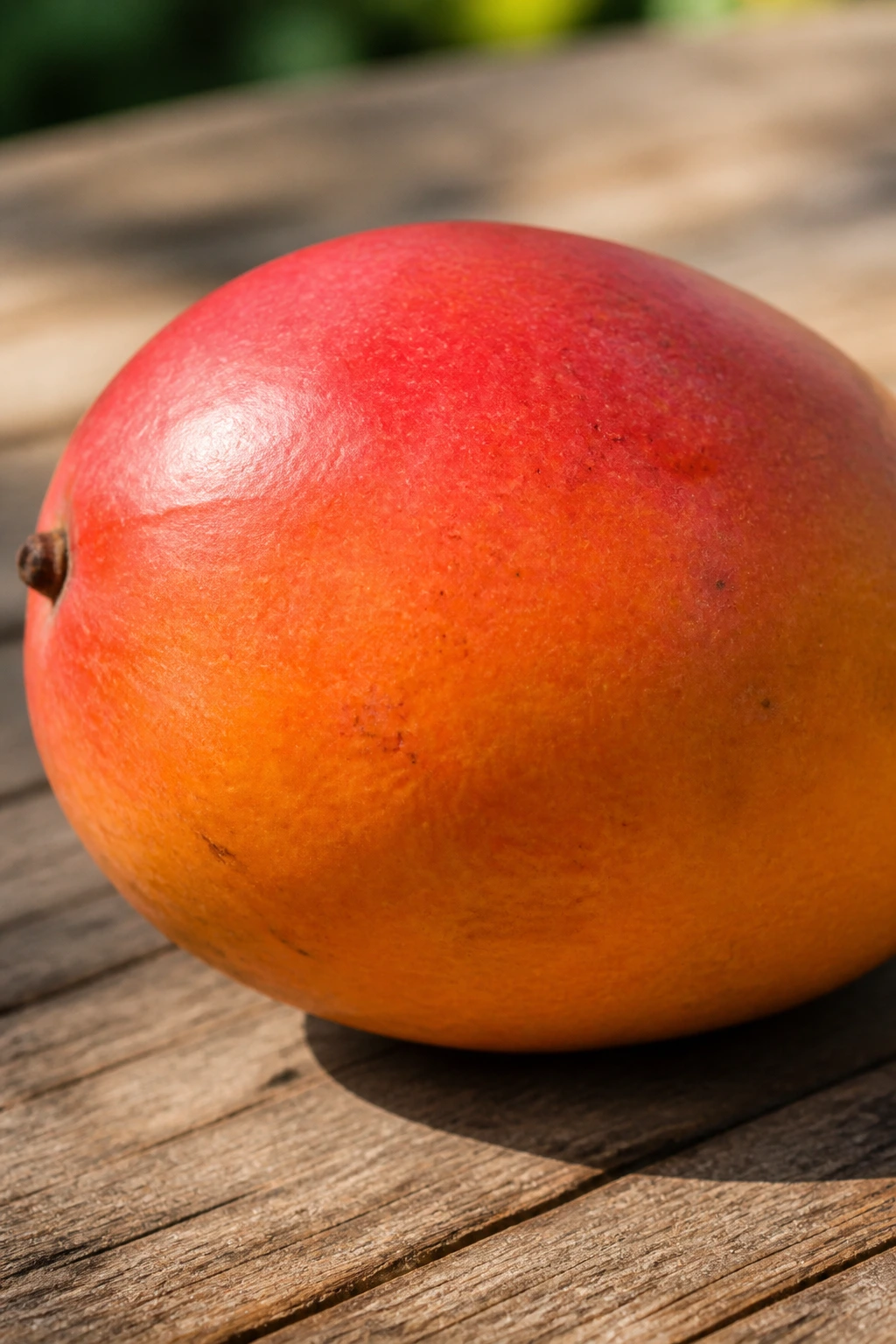 Close-up of a ripe mango on a wooden surface