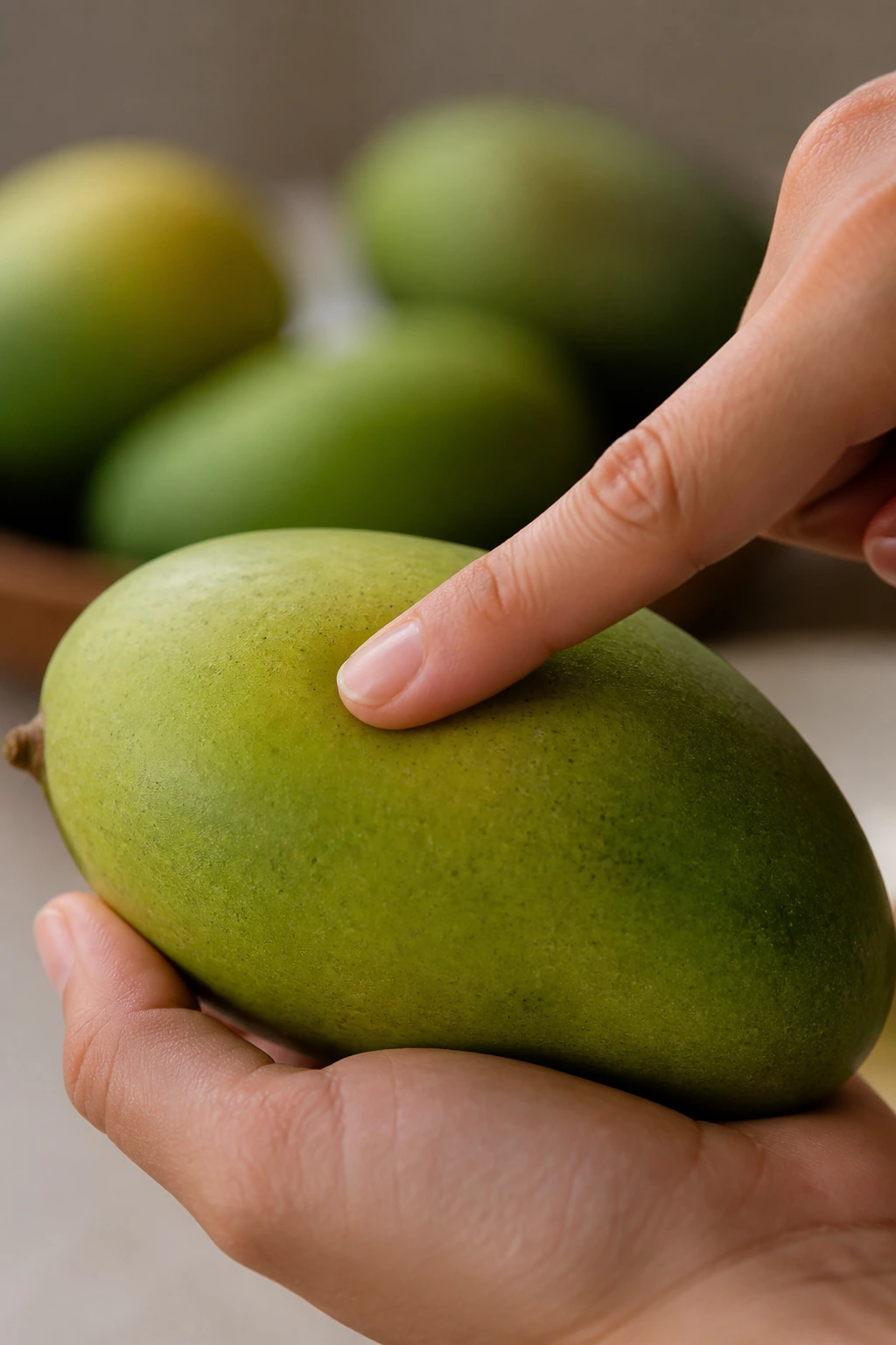Unripe mango tested for ripeness by gentle finger press