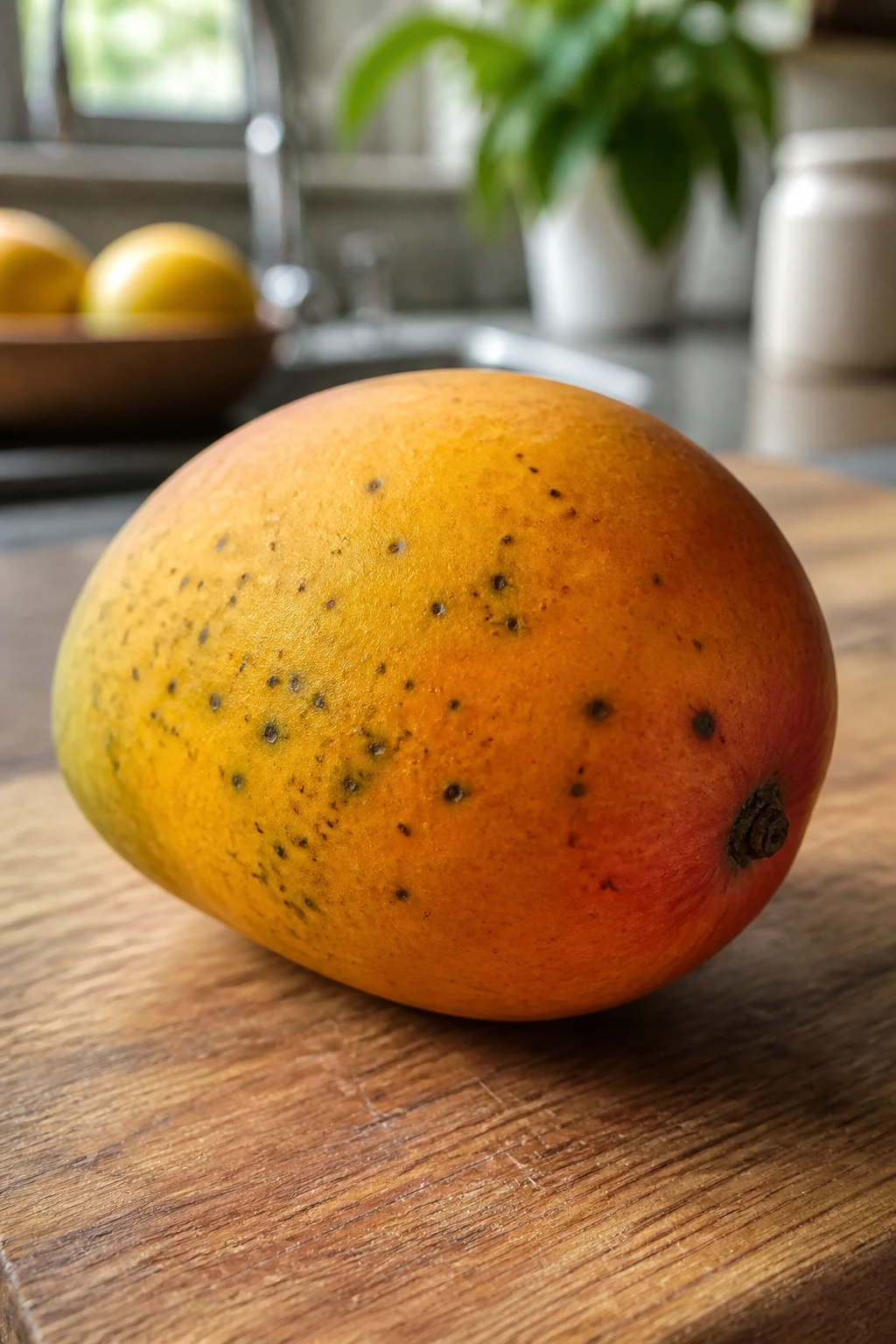Mango with small black spots on skin, on a cutting board in a kitchen.