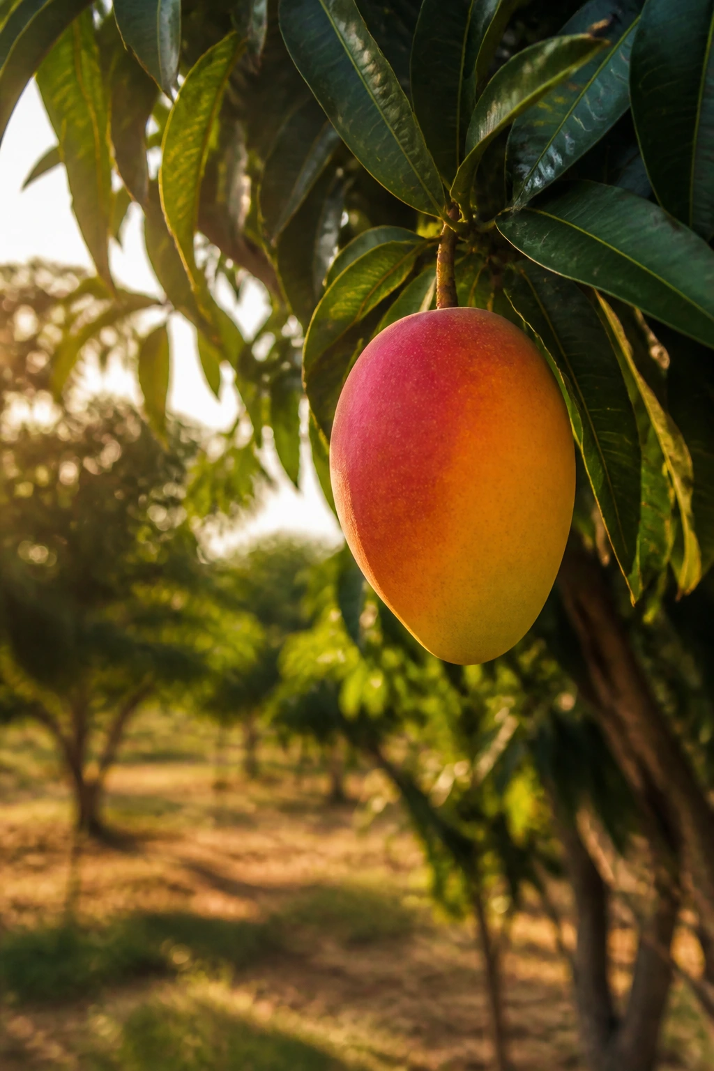 Tropical Showdown: Mango Vs Banana - A Comparison 3 Ripe mango hanging on tree branch in a sunlit orchard