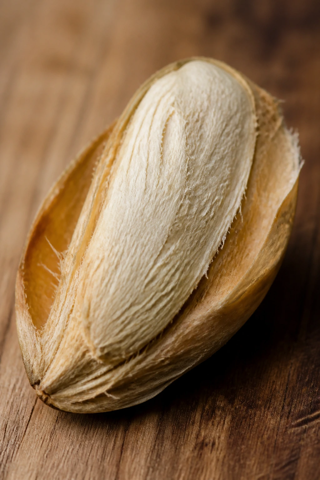 Mango seed with exposed kernel on wooden surface