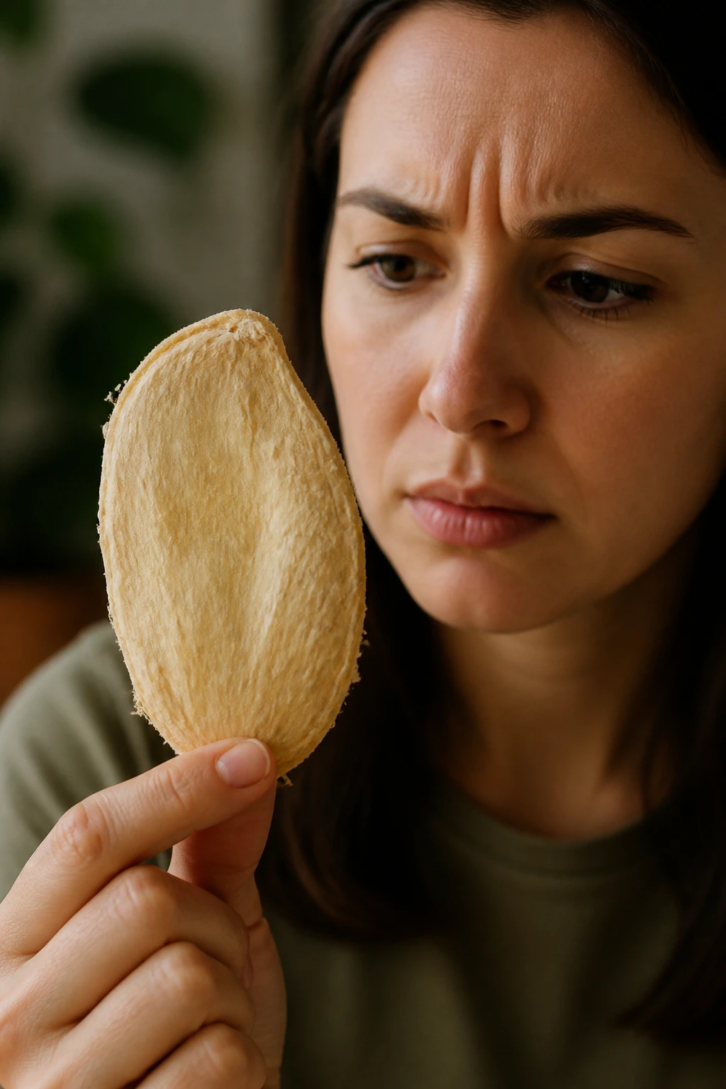 Person with cautious expression holding mango seed