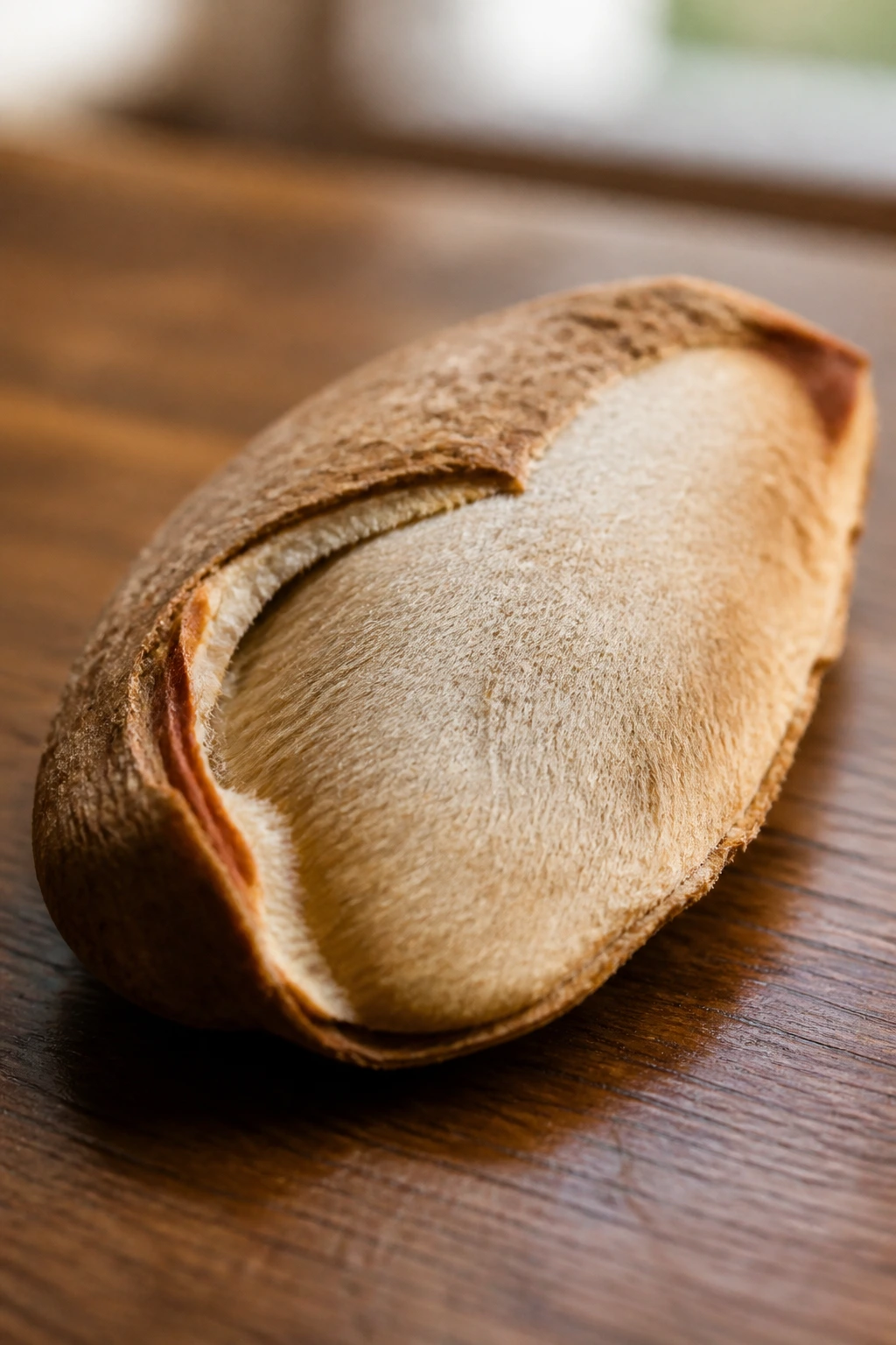 Can You Eat Mango Seeds? What Are The Benefits? 1 Close-up of a mango seed showing brown shell and fuzzy pale interior on a wooden counter