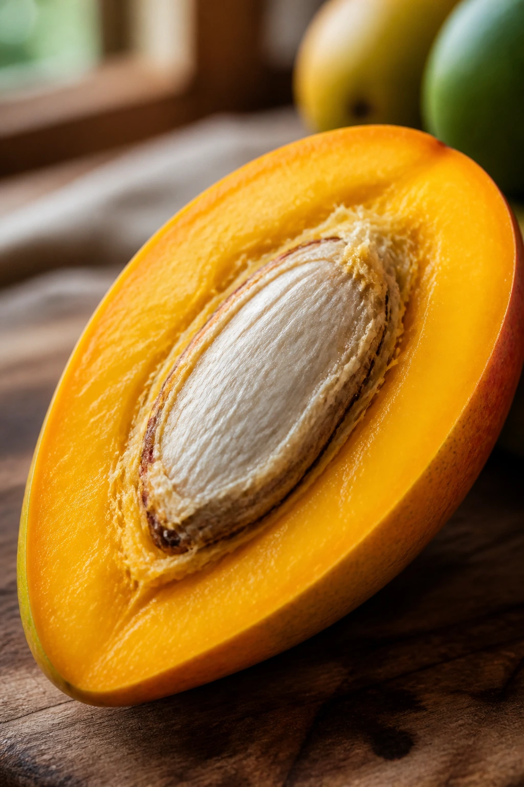 The Reasons Why Mangoes Are Not Actually Considered Berries 2 Cross-section of a ripe mango showing a large seed on wooden board