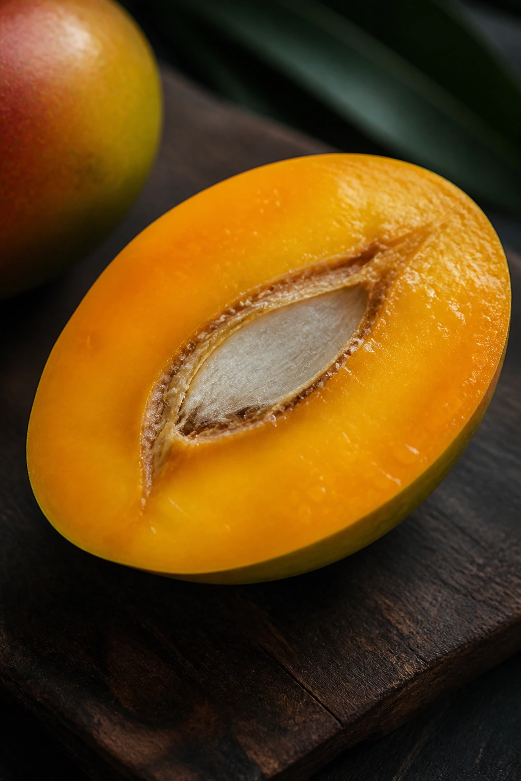 Is Indian Mango Good for Dogs? All You Need to Know 3 Mango half showing seed cavity on a wooden board