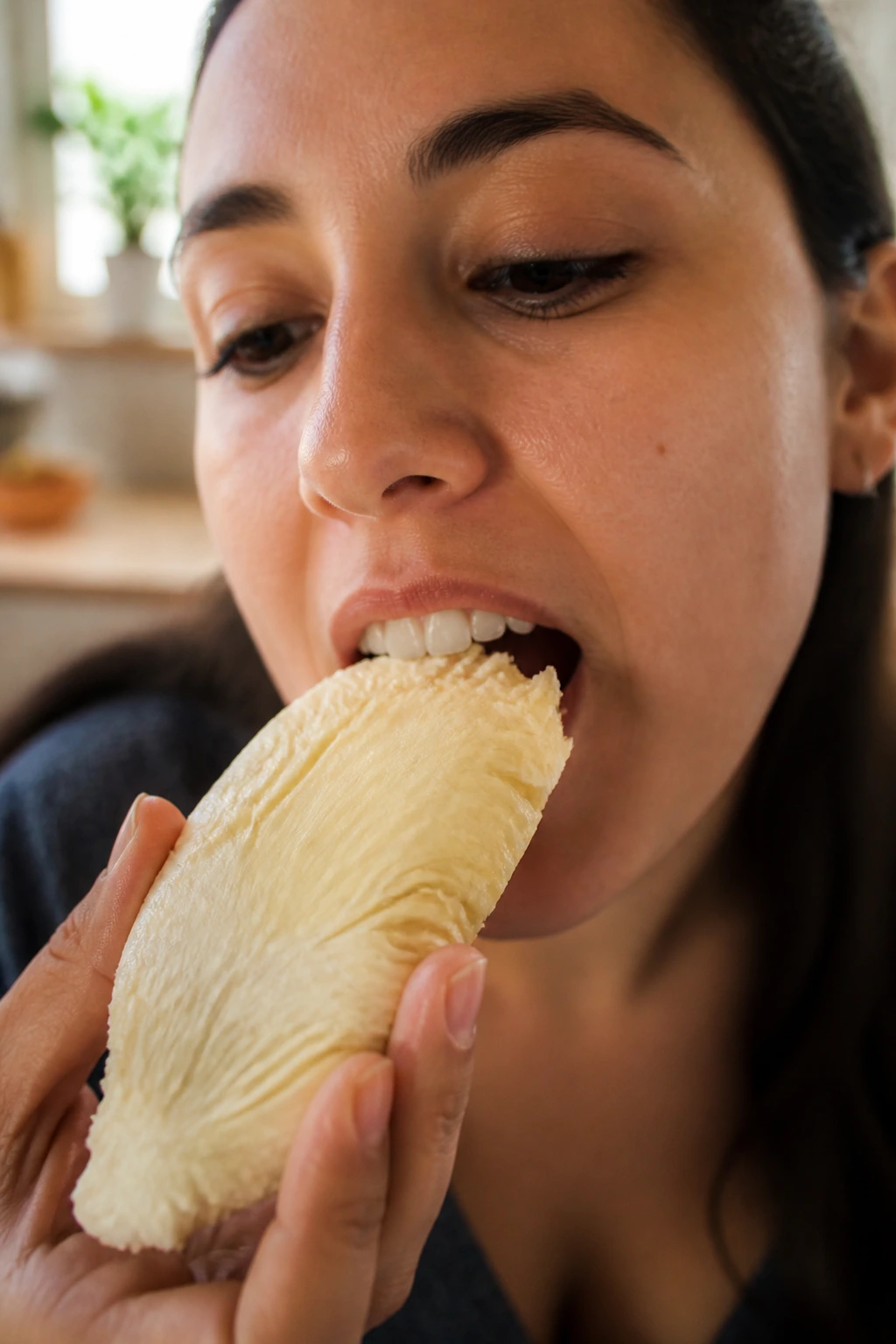 Close-up of a real person about to bite a mango seed half