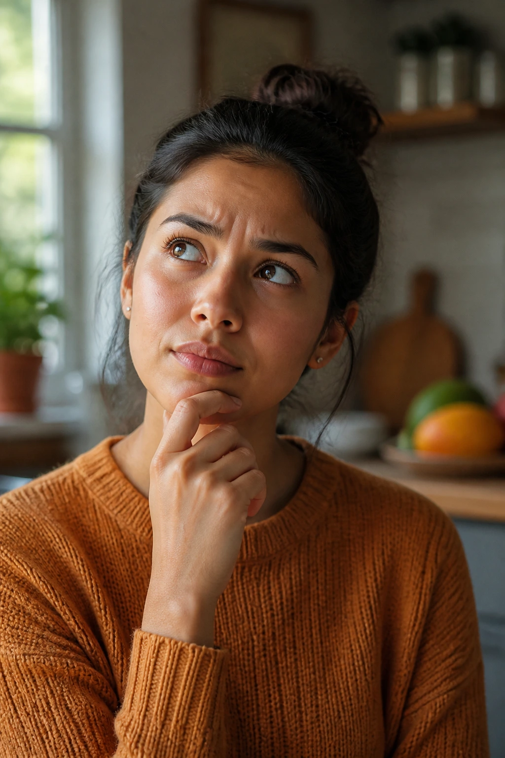 Close-up portrait of a thoughtful person in a kitchen with a mango in the background, representing mango seed FAQ