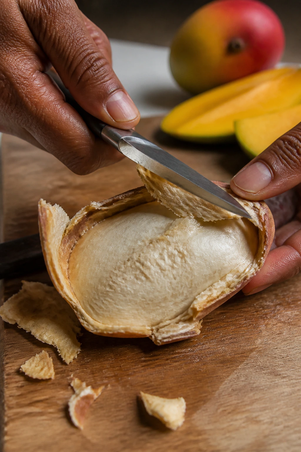 Mango seed being cleaned and peeled on cutting board