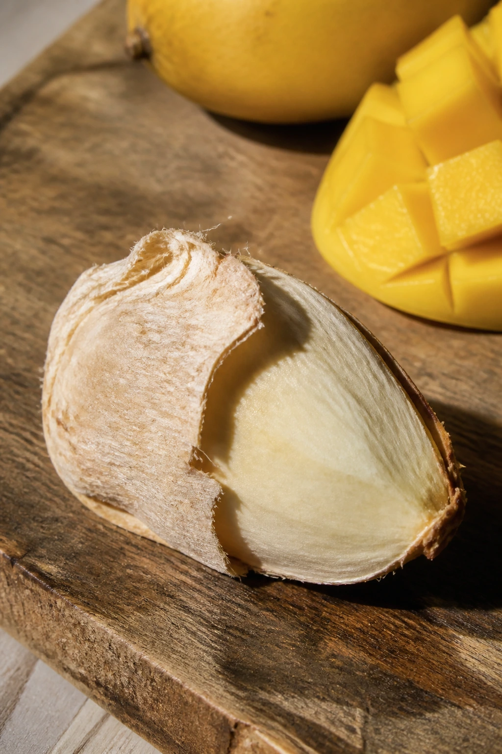 Can You Eat Mango Seeds? What Are The Benefits? 4 Mango seed with peeled shell revealing inner seed on a wooden surface