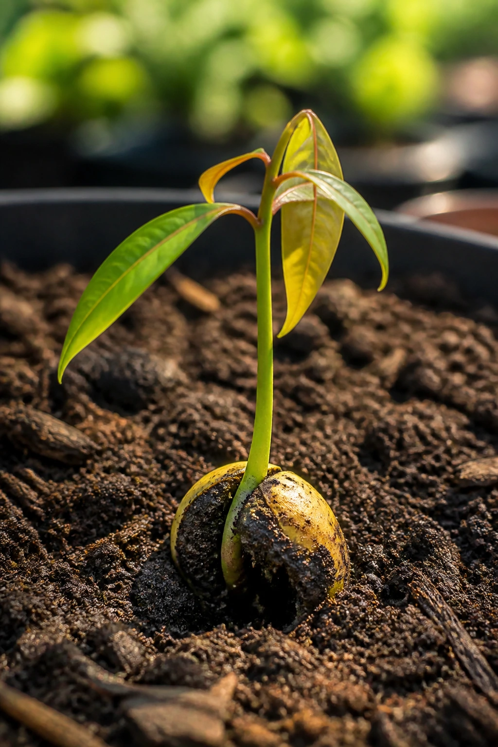 Young mango seedling sprouting from soil in garden bed