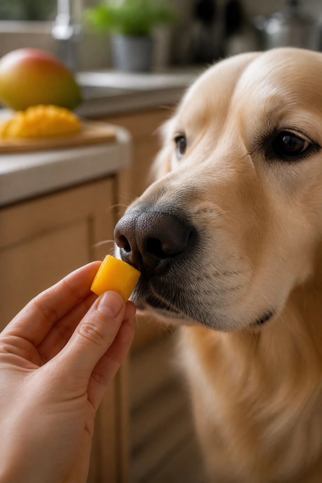 Is Mango Safe For Cats And Dogs? All You Need To Know 5 Dog nose close to mango cube held by hand in kitchen.