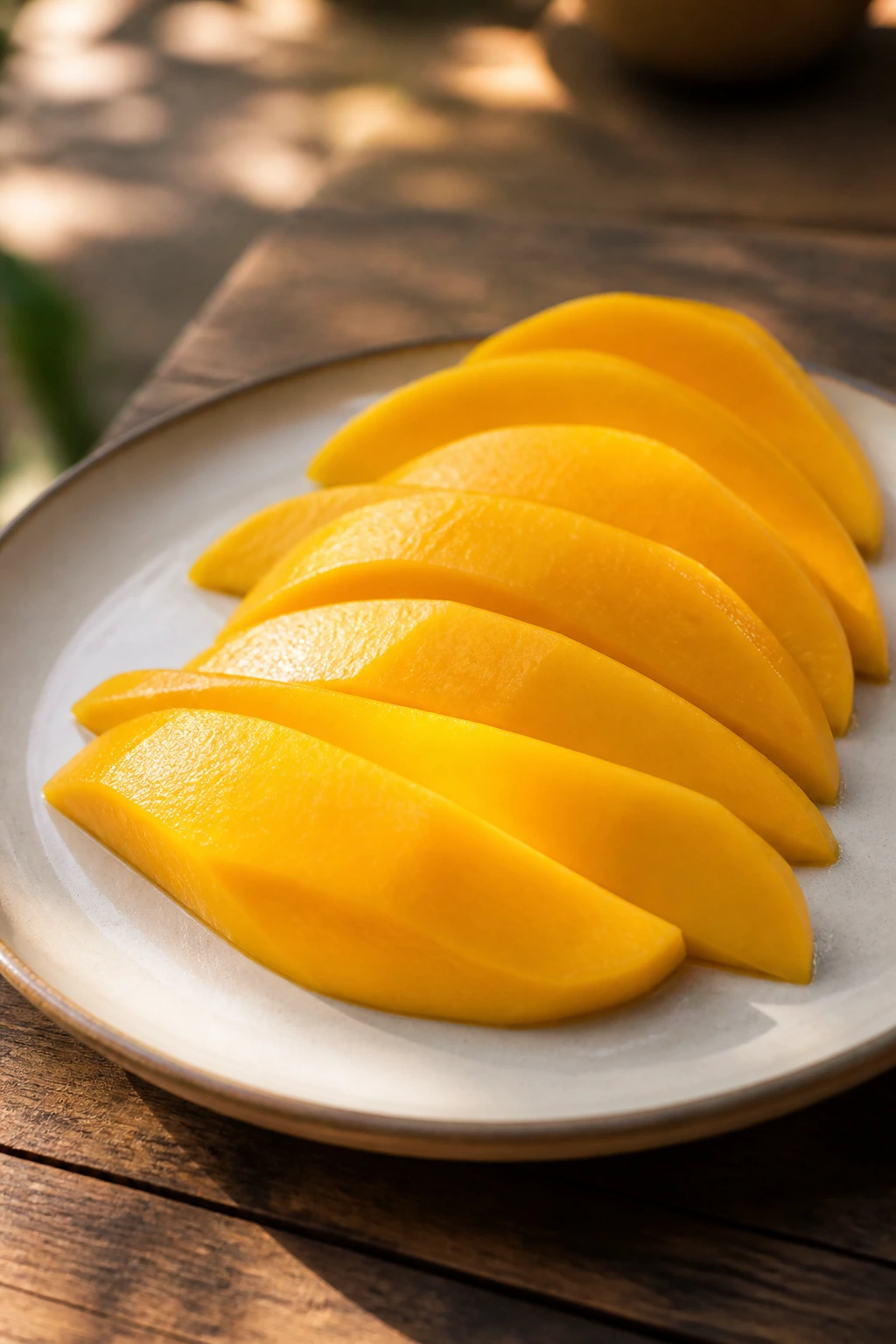 Close-up of mango slices on a plate