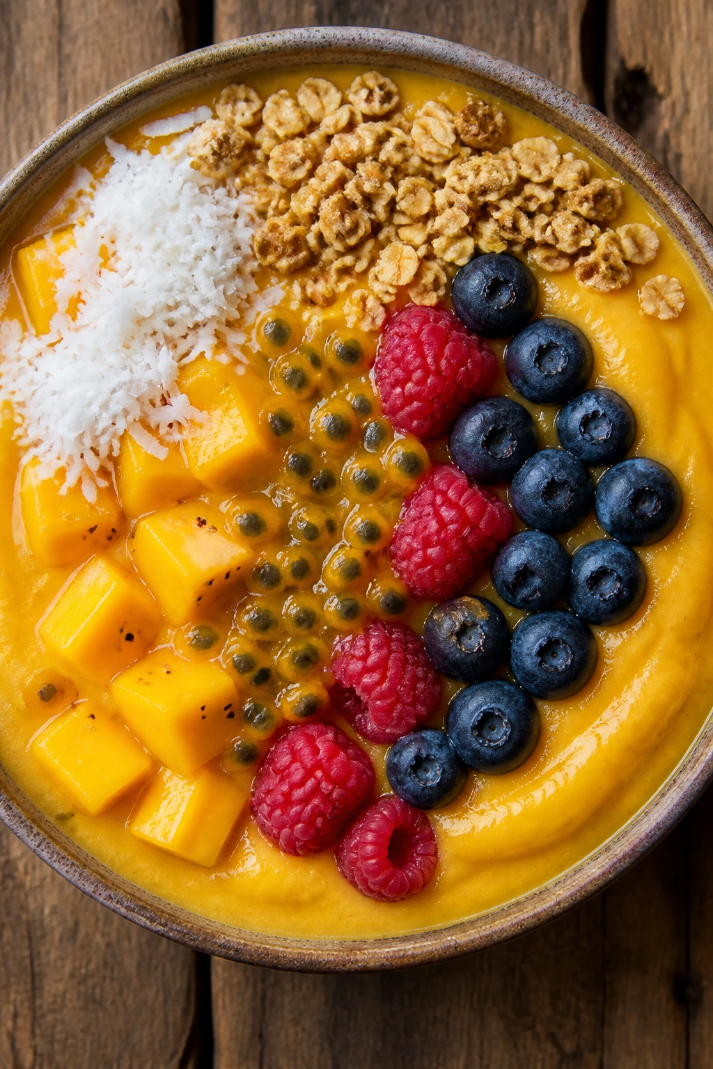 Top-down view of Passionate Mango Smoothie Bowl with toppings