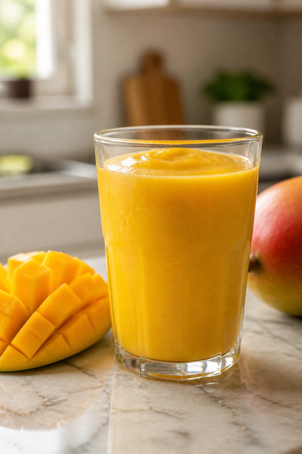 Gut Reactions: Does Eating Mango Cause Bloating? 4 Close-up of a mango smoothie in a glass on a kitchen counter